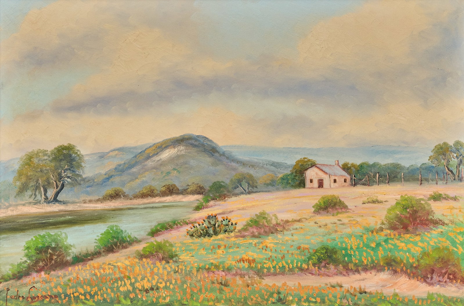 Pedro Lazcano, Country Home in Landscape: Pedro Lazcano (Mexico / Texas, 1909-1970), country house with wildflowers and cactus, oil on canvas, signed lower left sight: 24 x 36 in., frame: 25 x 37 in. Provenance: Property from a home in San