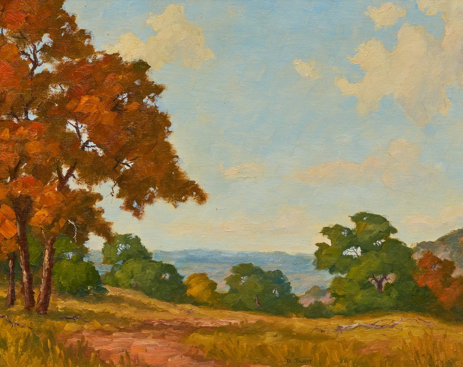 Dan Burt, Autumn Landscape: Dan Burt (Texas, b. 1930), autumn landscape, oil on canvas panel, signed lower right sight: 16 x 20 in., frame: 20 x 24 in. Provenance: Property from a Rockport, Texas home