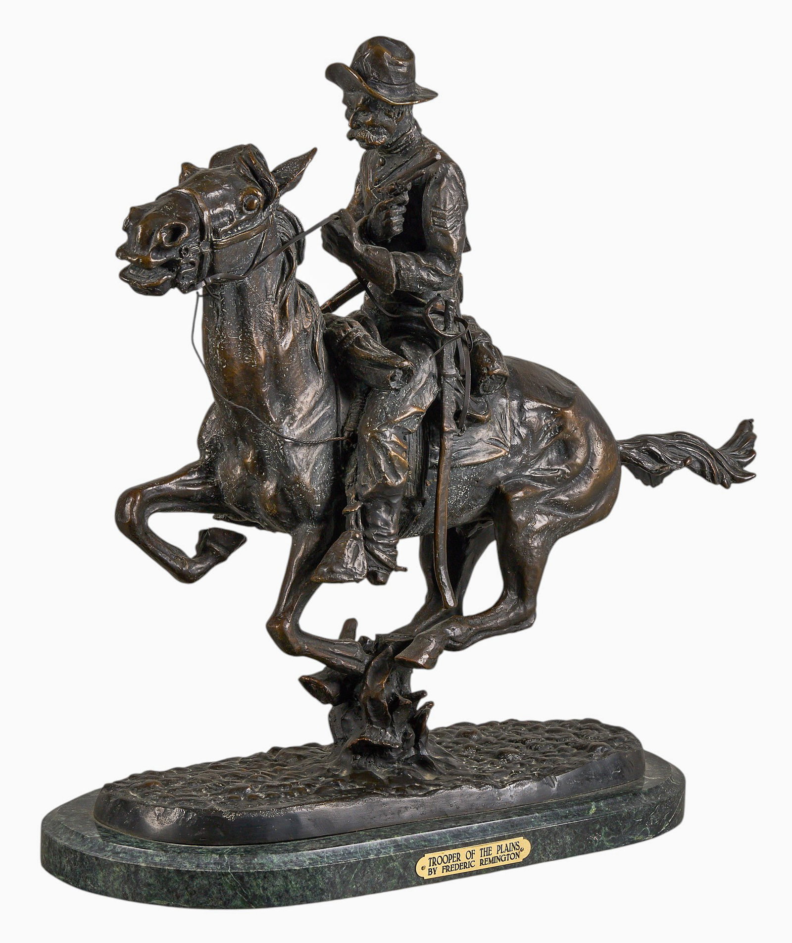 After Frederic Remington, "Trooper of the Plains": After Frederic Remington (Amer., 1861-1909), "Trooper of the Plains", bronze recast sculpture on stone base height 21 in. x width 22 in. x depth 9 in. (including base) Provenance: Property