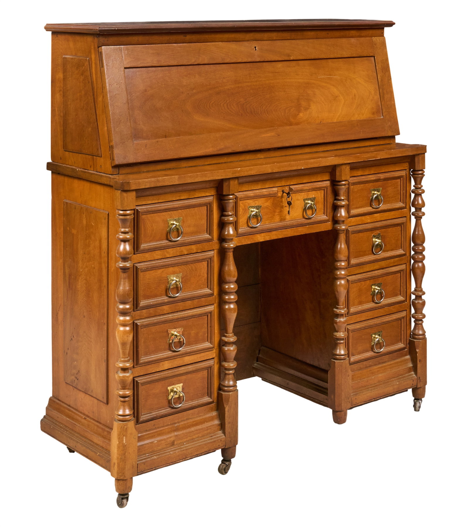 Antique Secretary: Antique secretary with drop-down writing section with storage, drawers with brass pulls, and turned columns, circa 1800's height 49 in. x width 45.5 in. x depth 17.5 in. Provenance: Property