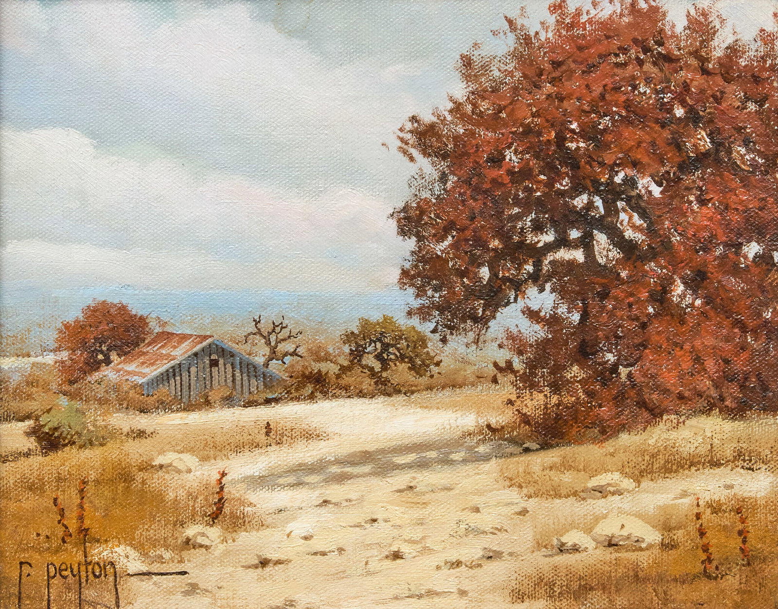 Randy Peyton, Autumn Barn: Randy Peyton (Texas / Italy, b. 1958), autumn landscape with barn structure, oil on canvas, signed lower left sight: 8 x 10 in., frame: 15 x 17 in. Provenance: Property from a home in C