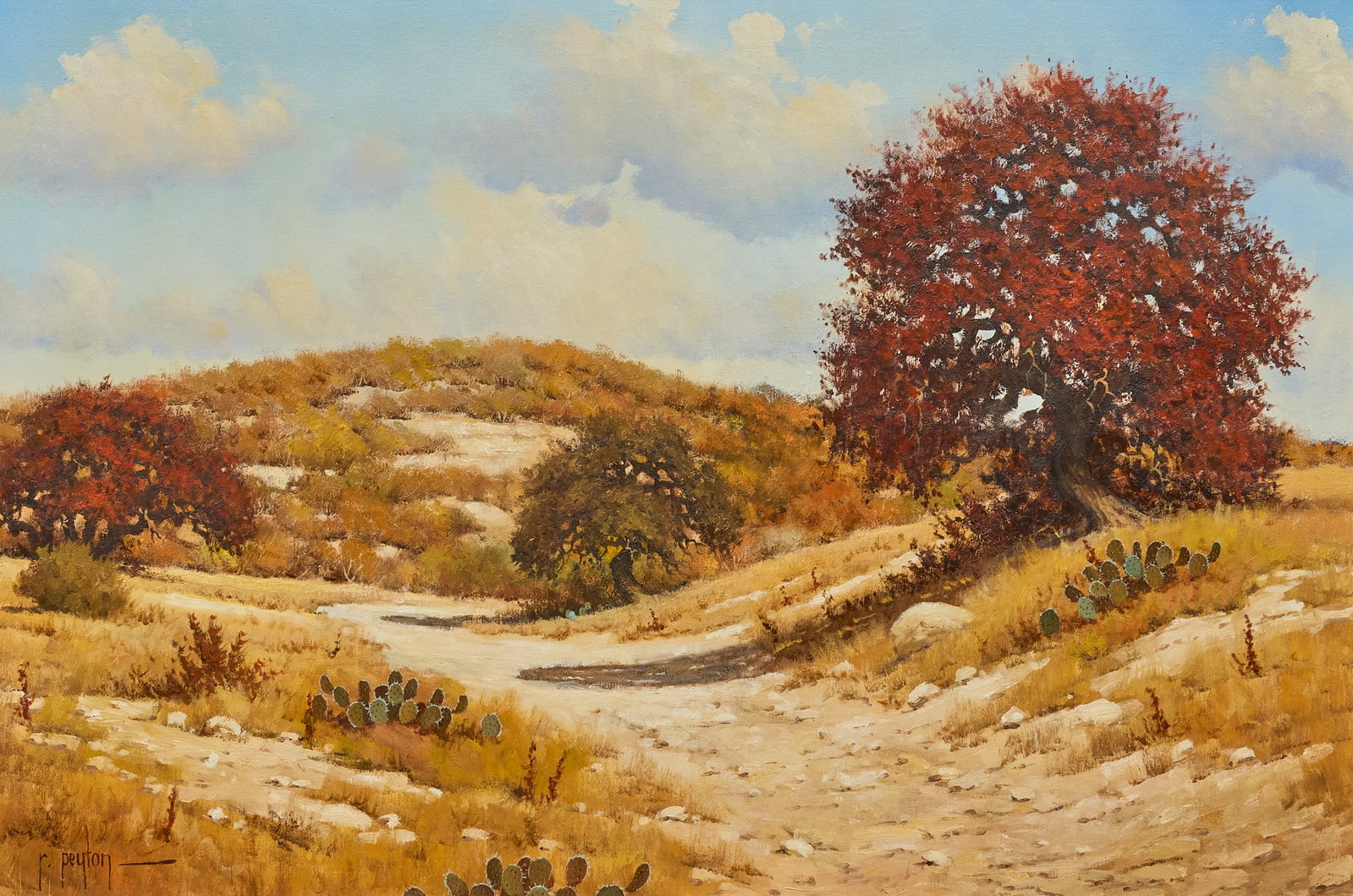 Randy Peyton, Hill Country Autumn: Randy Peyton (Texas / Italy, b. 1958), Hill Country autumn landscape, oil on canvas, signed lower left, signed again on the verso and dated 1980 sight: 24 x 36 in., frame: 35.5 x 4