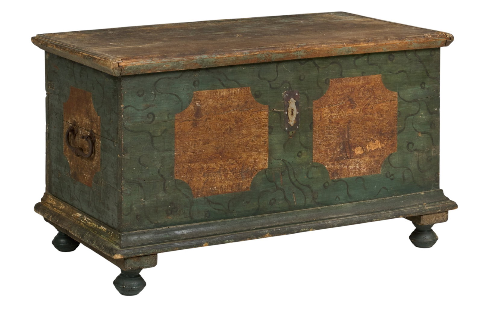Painted Wedding Chest: Rustic wedding chest with hand-painted motifs, and iron hardware, supported on bun feet height 25 in. x width 43.5 in. x depth 24 in. 