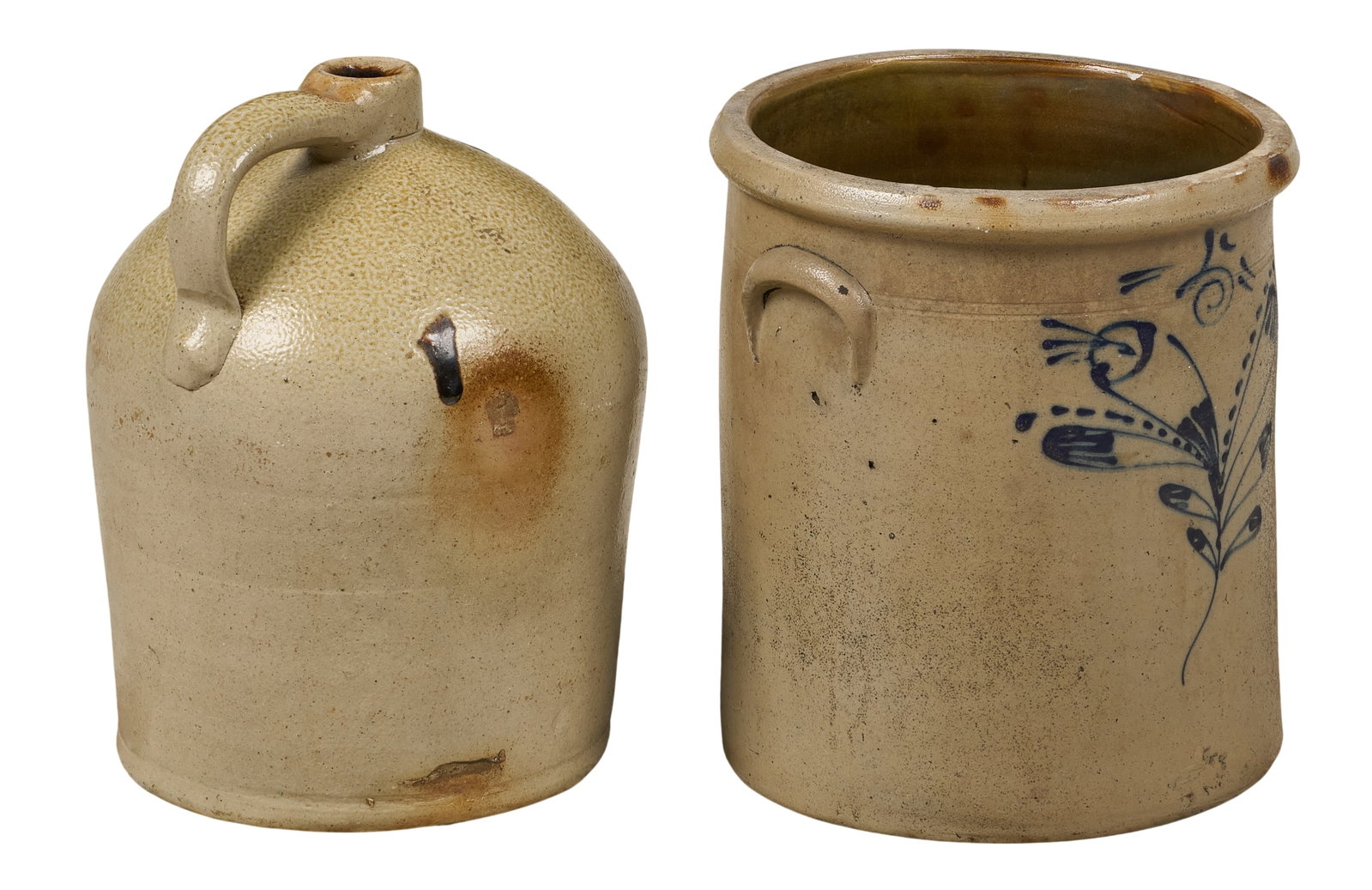 (2) Salt-Glazed Stoneware Vessels: Two salt-glazed stoneware vessels, includes one crock, and one jug, with blue motifs height 13.5 in. x width 11.5 in. x depth 11.5 in. Provenance: Property from a Rockport,