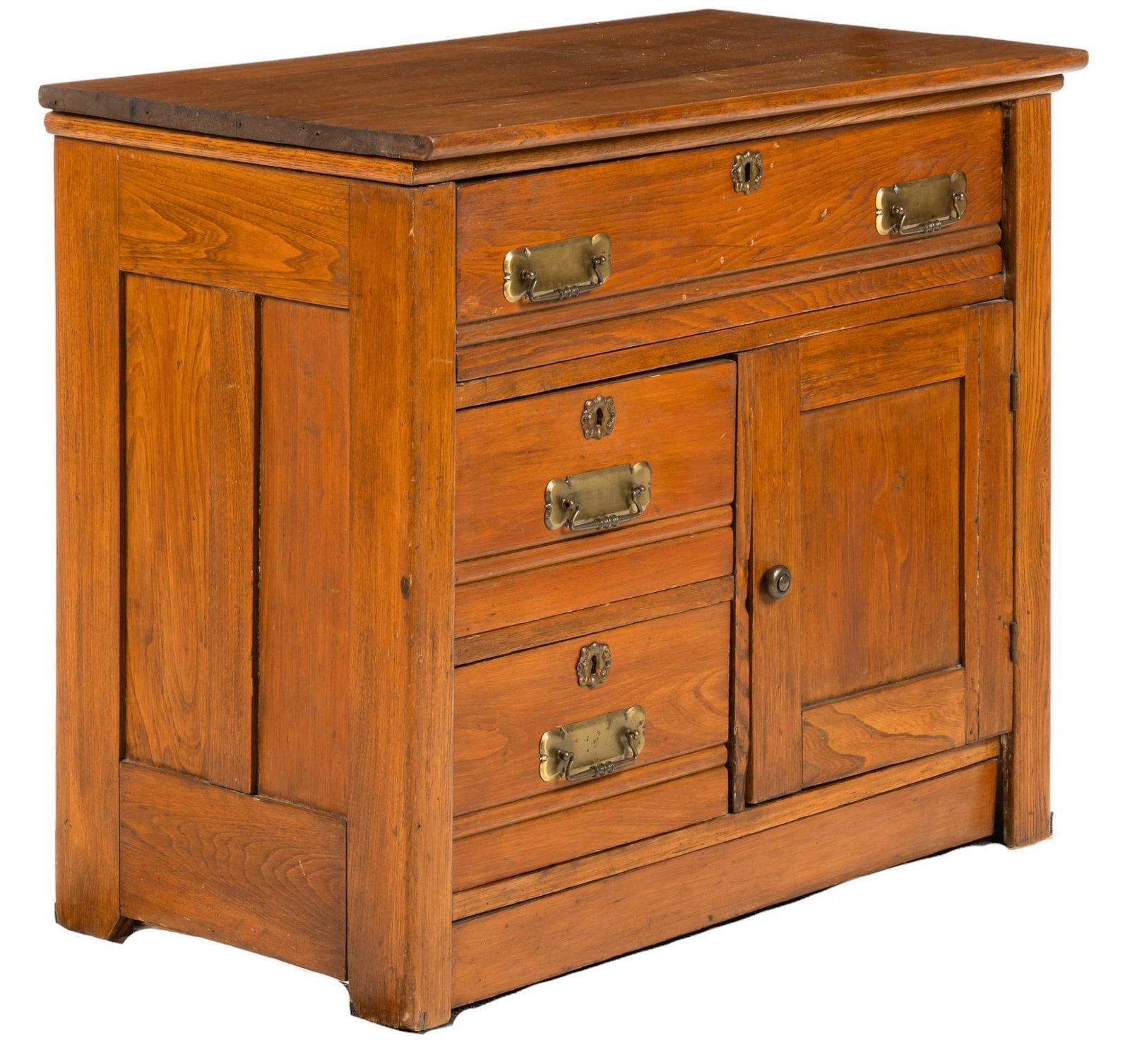 Craftsman Style Chest: Craftsman style chest, with oversize top above single drawer, above two small stacked drawers besides cabinet door opening to interior storage, with metal hardware and accents height 27 in. x width