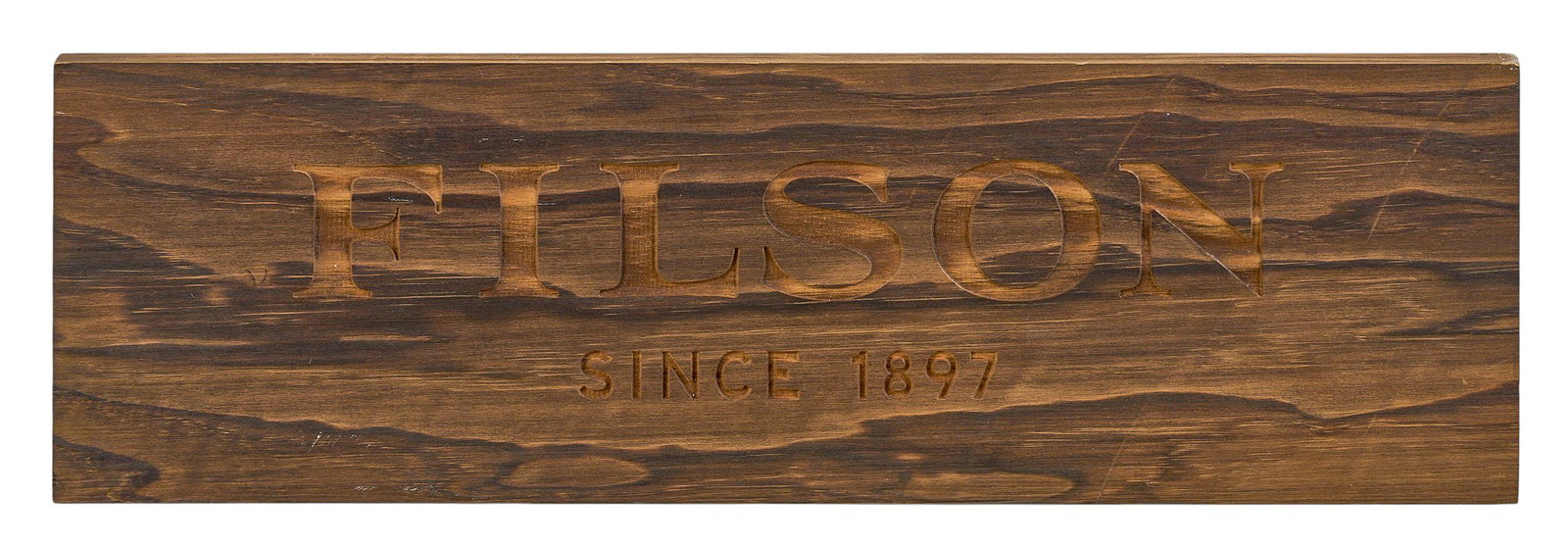 Filson Store Sign: Filson store wooden sign height 6 in. x width 19 in, x depth .75 in. Provenance: Property from a San Antonio, Texas collector of vintage and antique Western items, originally from Tackle Box
