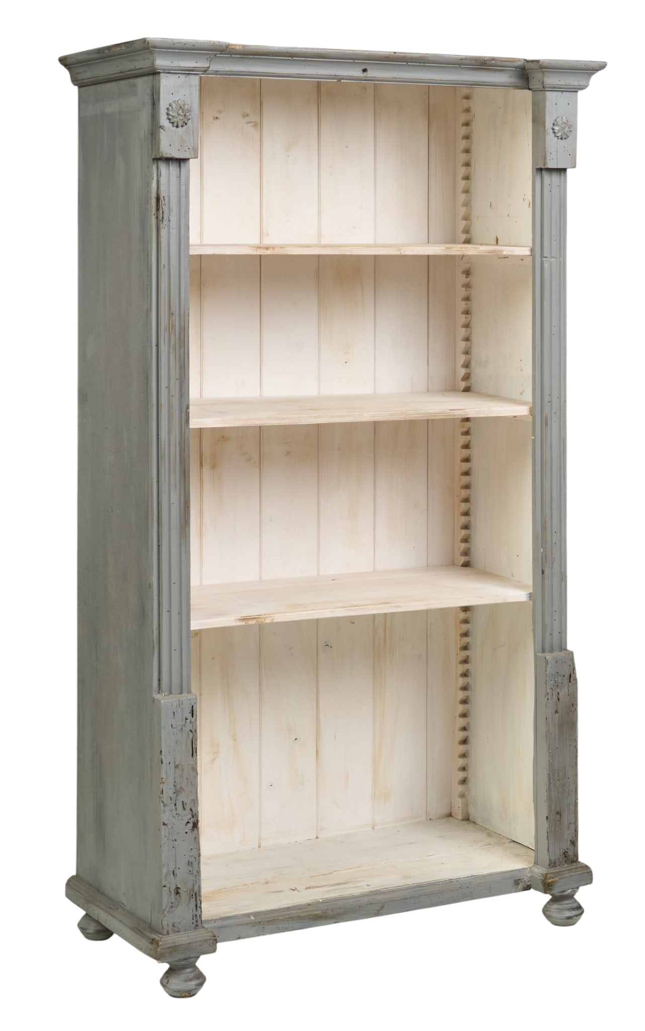 Farmhouse Bookcase: Rustic farmhouse bookcase with adjustable shelves, and distressed paint finish, supported on turned bun feet height 71 in. x width 41 in. x depth 19 in. 