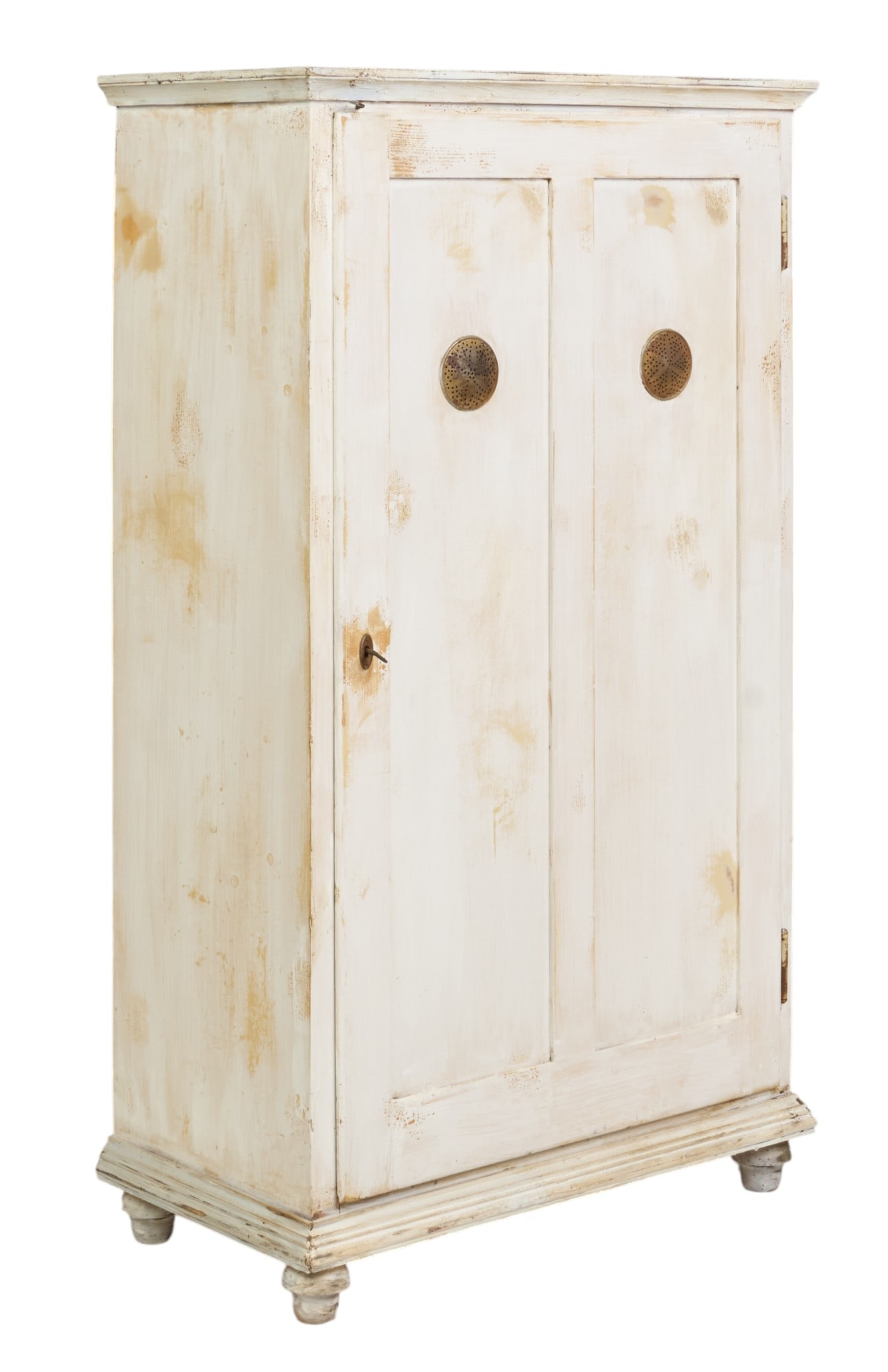 Rustic Pie Safe: Rustic pie safe with paneled door with perforated metal vents, interior shelf and drawer storage, and white-wash finish, supported on bun feet height 61 in. x width 35 in. x depth 18.5 in. 