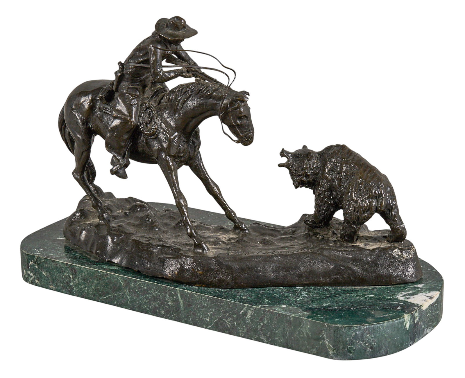 After Frederic Remington, "Double Trouble": After Frederic Remington (Amer., 1861-1909), "Double Trouble", bronze recast sculpture on green marble base height 10.5 in. x width 15.5 in. x depth 7.5 in. (including base)