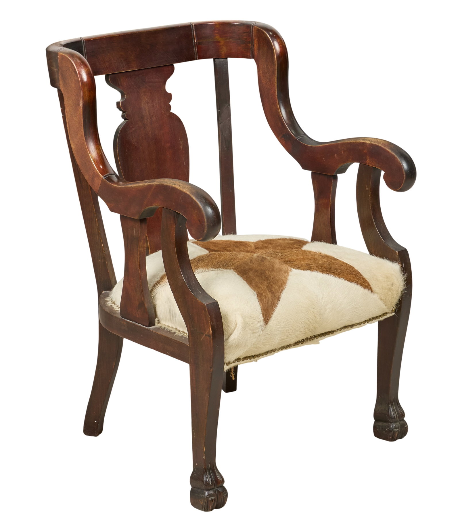 Ranch Style Texas Star Chair: Ranch style Texas star chair, carved wooden frame with hair on hide seat cushion featuring Texas star motif height 37 in. x width 25.5 in. x depth 24.5 in. Provenance: Property