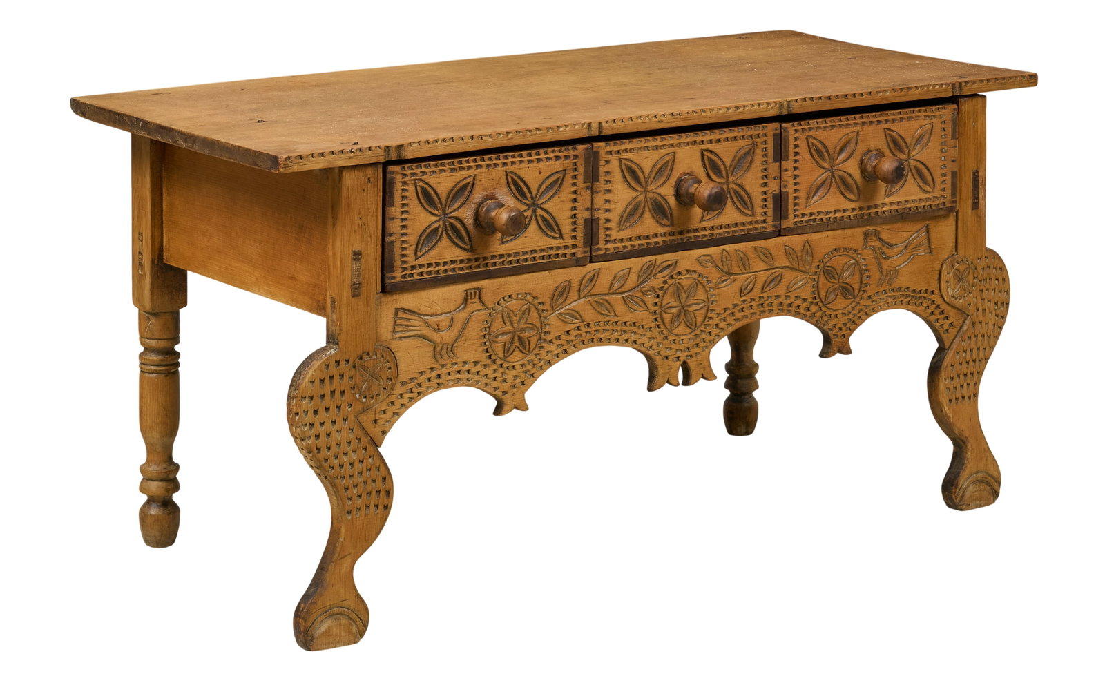 1900s Nahuala Guatemalan Eagle Leg Low Table: Circa 1900 Nahuala Guatemalan eagle leg low table, featuring mortis and tenon construction, with three carved drawers with turned wood pulls and hand carved skirt with birds and animal motifs