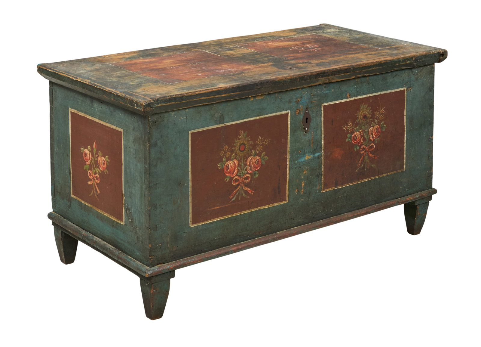 Painted Wooden Chest: Painted folk art dowry chest, with floral panel design, hinged lift top height 24 in. x width 46 in. x depth 24 in. Provenance: Property from a home in Boerne, Texas 