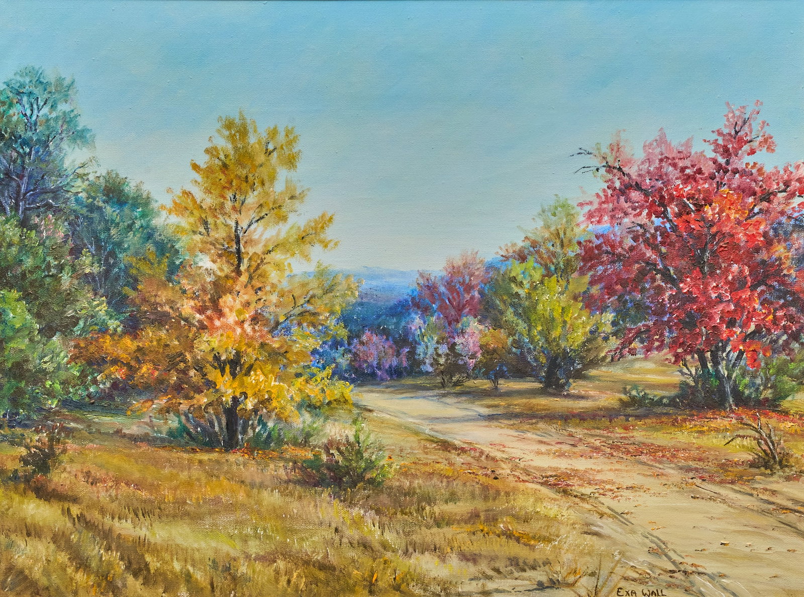 Exa Wall, "Autumn in the Hills": Exa Wall (San Antonio, Texas, 1894-1998), "Autumn in the Hills", oil on canvas, signed lower right, titled on the stretcher bar sight: 18 x 24 in., frame: 22 x 28 in. Provenance: