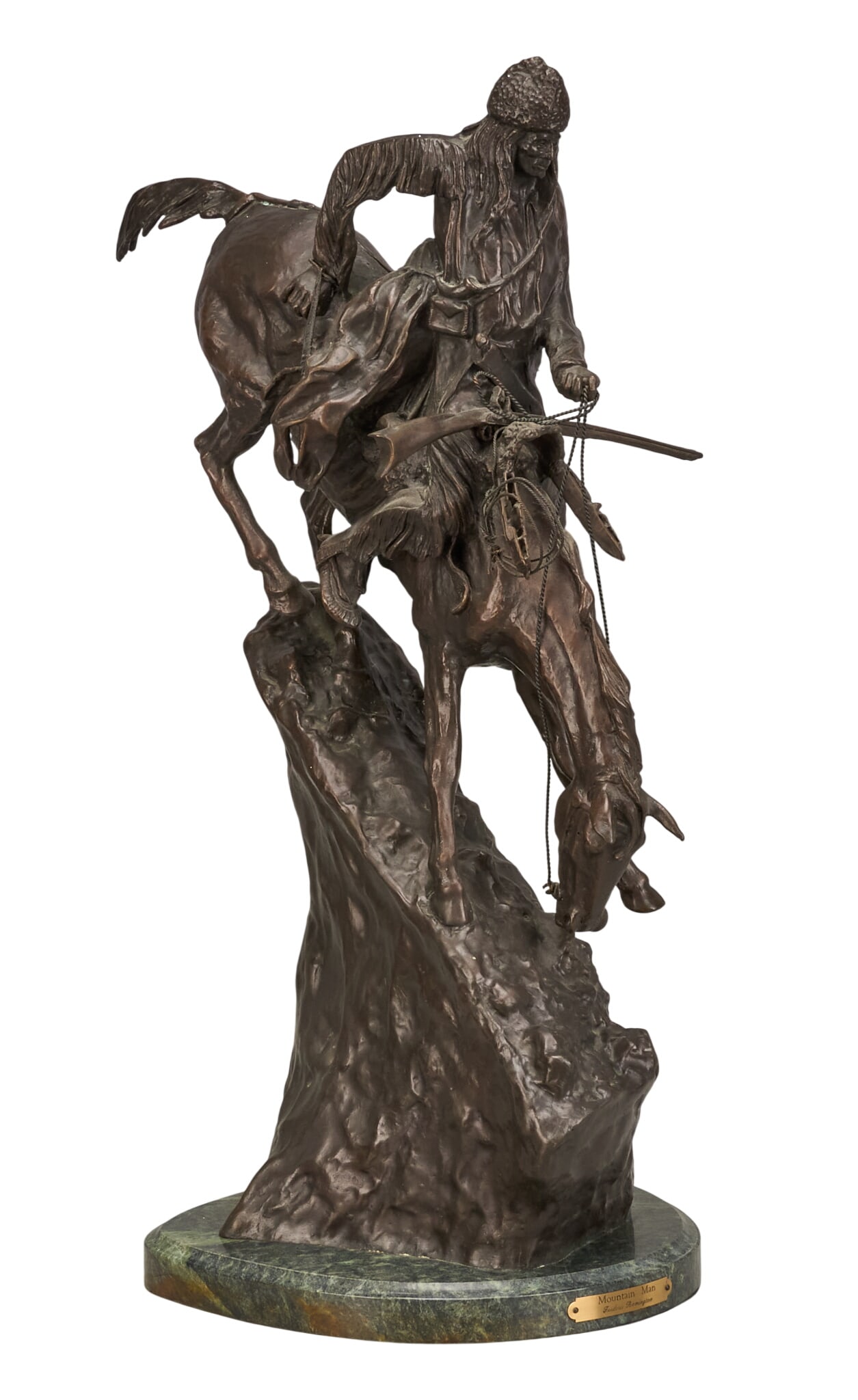 After Frederic Remington, "Mountain Man": After Frederic Remington (Amer., 1861-1909), "Mountain Man", bronze recast sculpture on green granite base height 27 in. x width 11 in. x depth 17 in. Provenance: Property from a