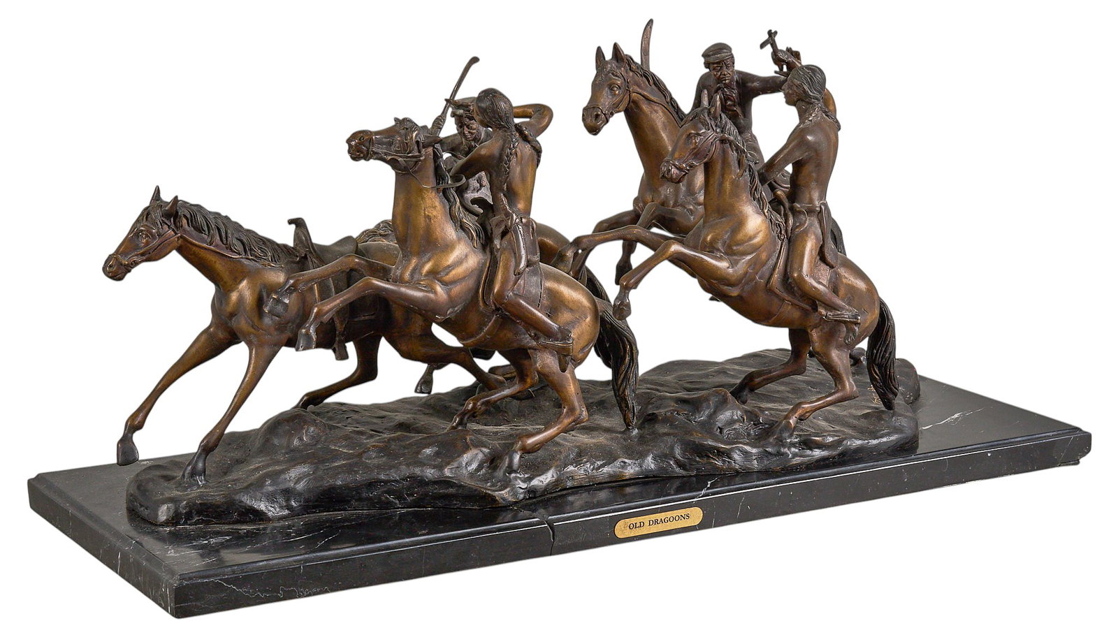 After Frederic Remington, "Old Dragoons": After Frederic Remington, "Old Dragoons", bronze recast sculpture on black stone base height 14.5 in. x width 12 in. x depth 32 in. (including base) Condition: stone base is cracked
