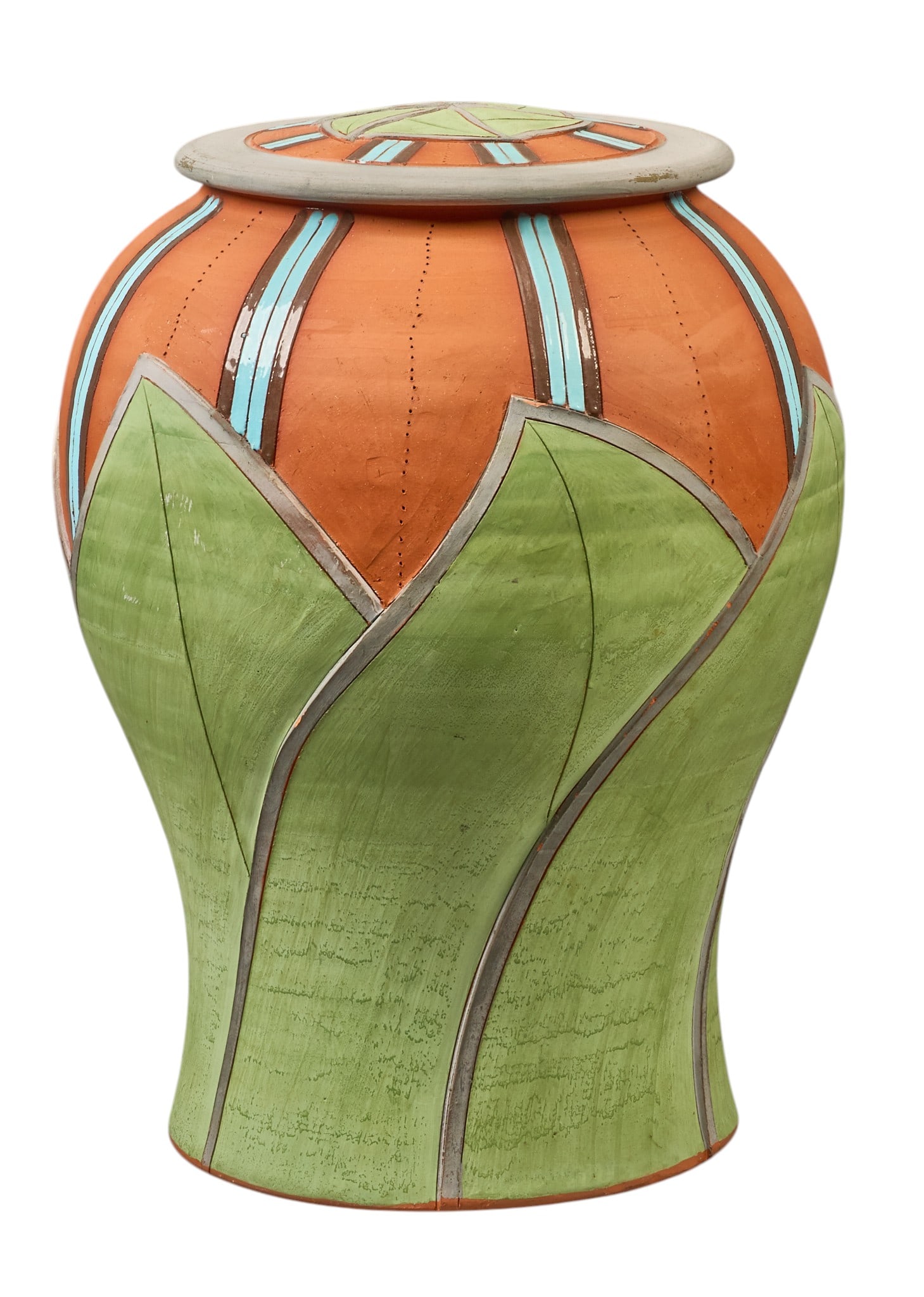 Don Cornett, Lidded Flower Motif Pot: Don Cornett (American), lidded flower motif pot, with incised signature to underside height 15 in. x width 12 in. x depth 12 in. Provenance: Property from a home in San Antonio,