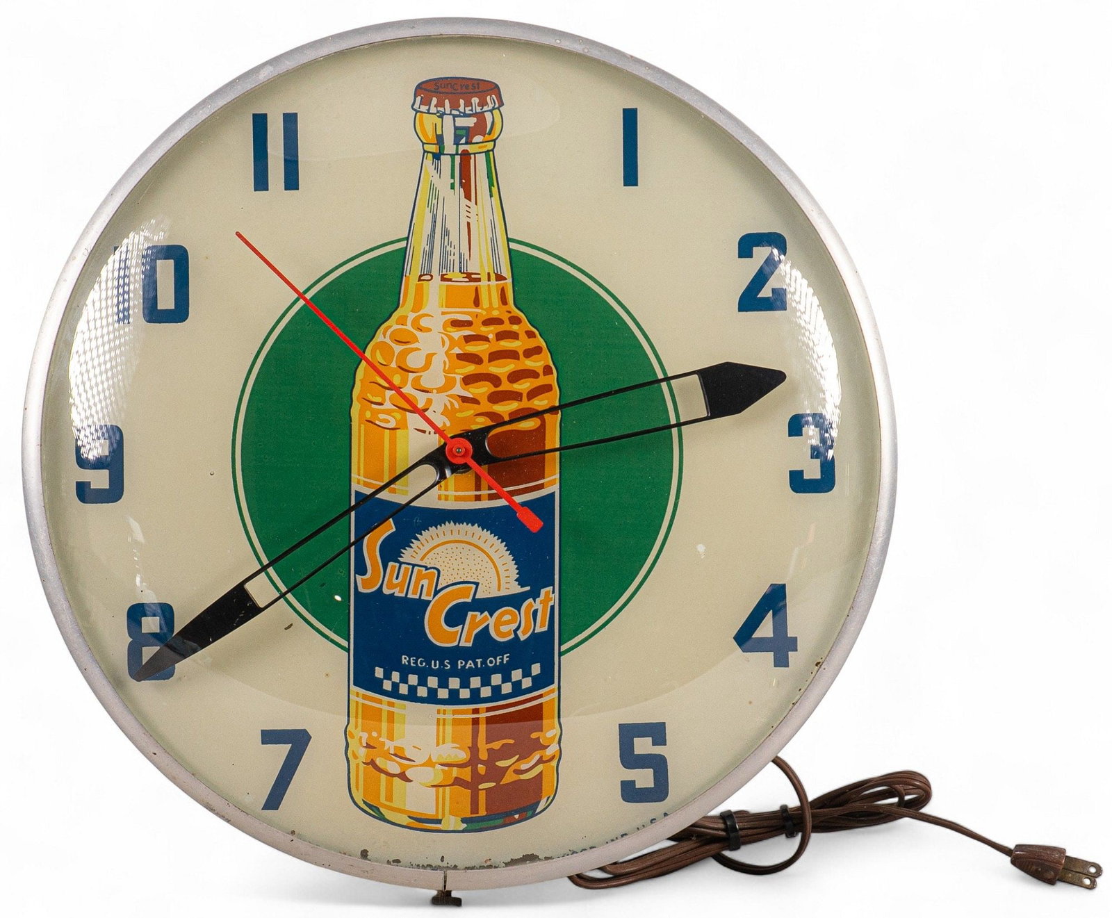 Vintage Sun Crest Soda Wall Clock: Vintage lighted Sun Crest Soda wall clock with metal and glass cannister, in working condition height 15 in. x width 15 in. x depth 5 in. Provenance: Property from a home in San Antonio, Texas