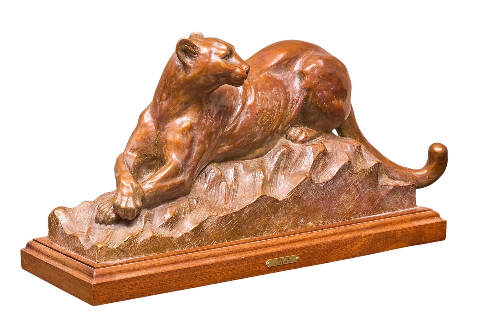 Cloyd Barnes, "Take Five": Cloyd Barnes (Amer., b. 20th C.), "Take Five", resting mountain lion, artist's proof bronze sculpture on wooden base, with incised signature, edition number AP/20, and date, 1990 height