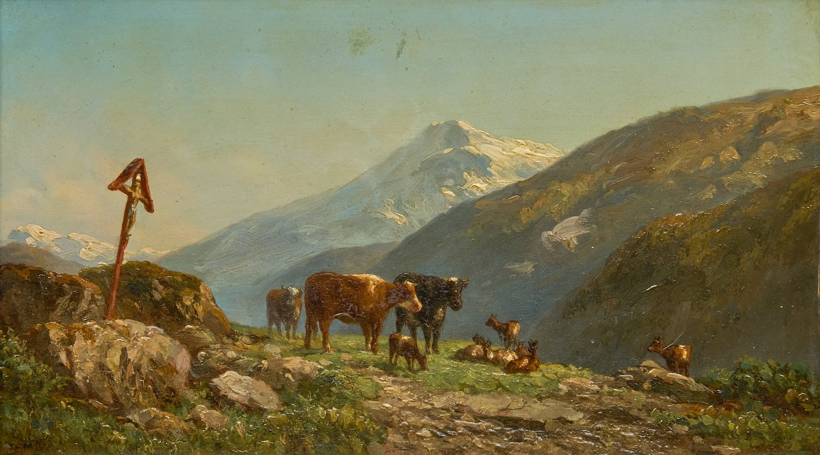 Willem van der Berghe, Cattle and Shrine: Willem Jan van der Berghe (Netherlands, 1823-1901), Alpine landscape with cattle and pilgrim's shrine, oil on wood panel, signed lower left, circa late 19th c., pencil on the verso reads