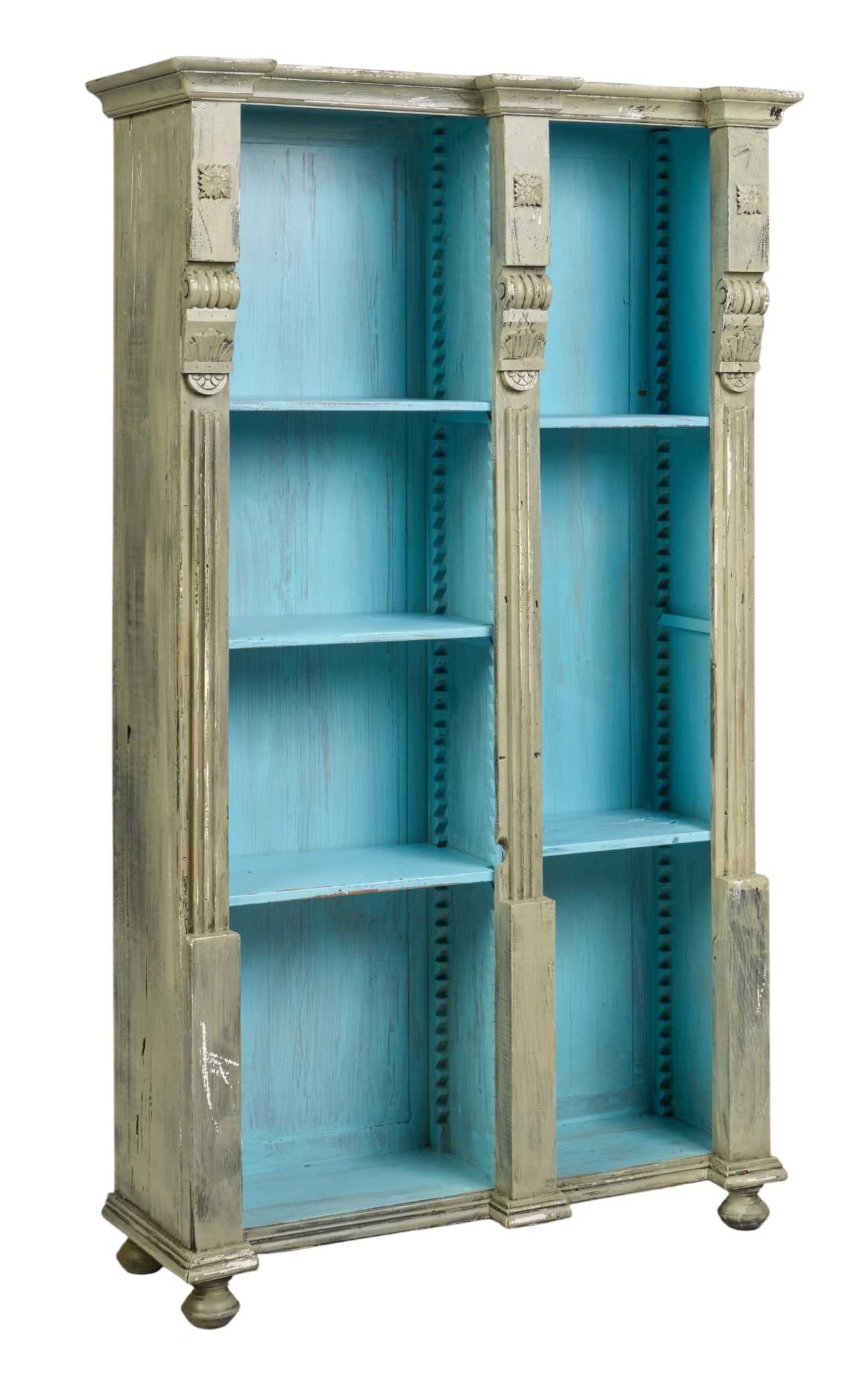 Farmhouse Bookcase: Farmhouse bookcase with two sections of shelving, decorated with carved corbels, and distressed paint finish height 74.5 in. x width 44 in. x depth 15 in. 