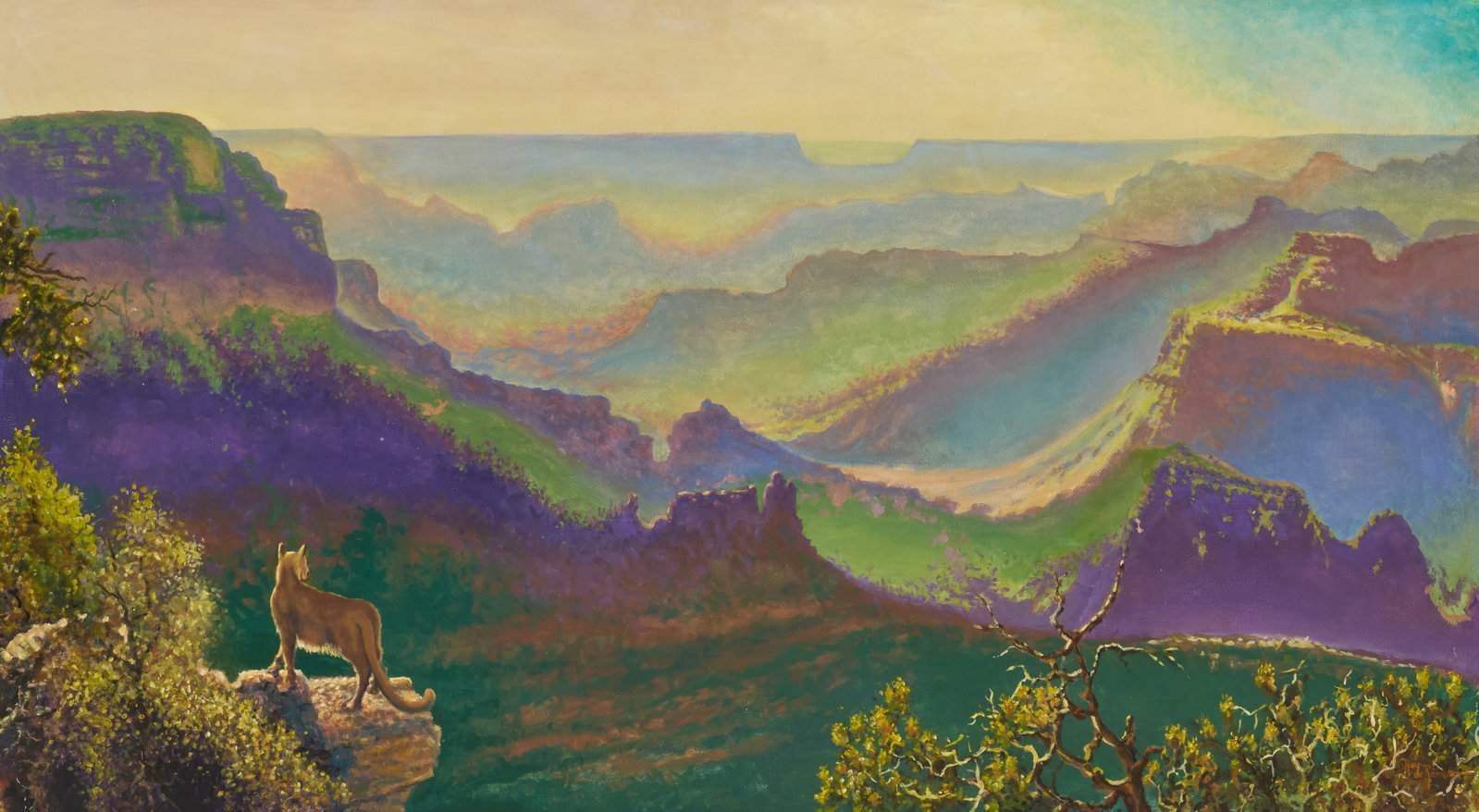 Ray de Romero, "Cougar Canyon": Ray de Romero (Waco, Texas, b. 20th C.), "Cougar Canyon", oil on masonite, signed lower right sight: 39 x 72 in., frame: 45 x 77.5 in. Provenance: Property from a Rockport, Texas home