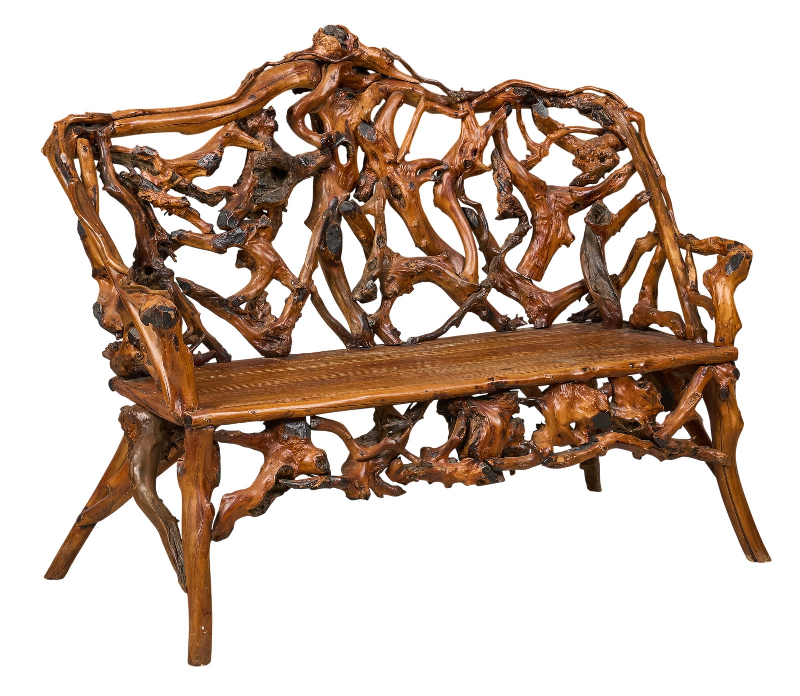Root Wood Bench: Root wood bench, with live edge seat height 45 in. x width 57 in. x depth 32 in. Provenance: Property from a home in Boerne, Texas