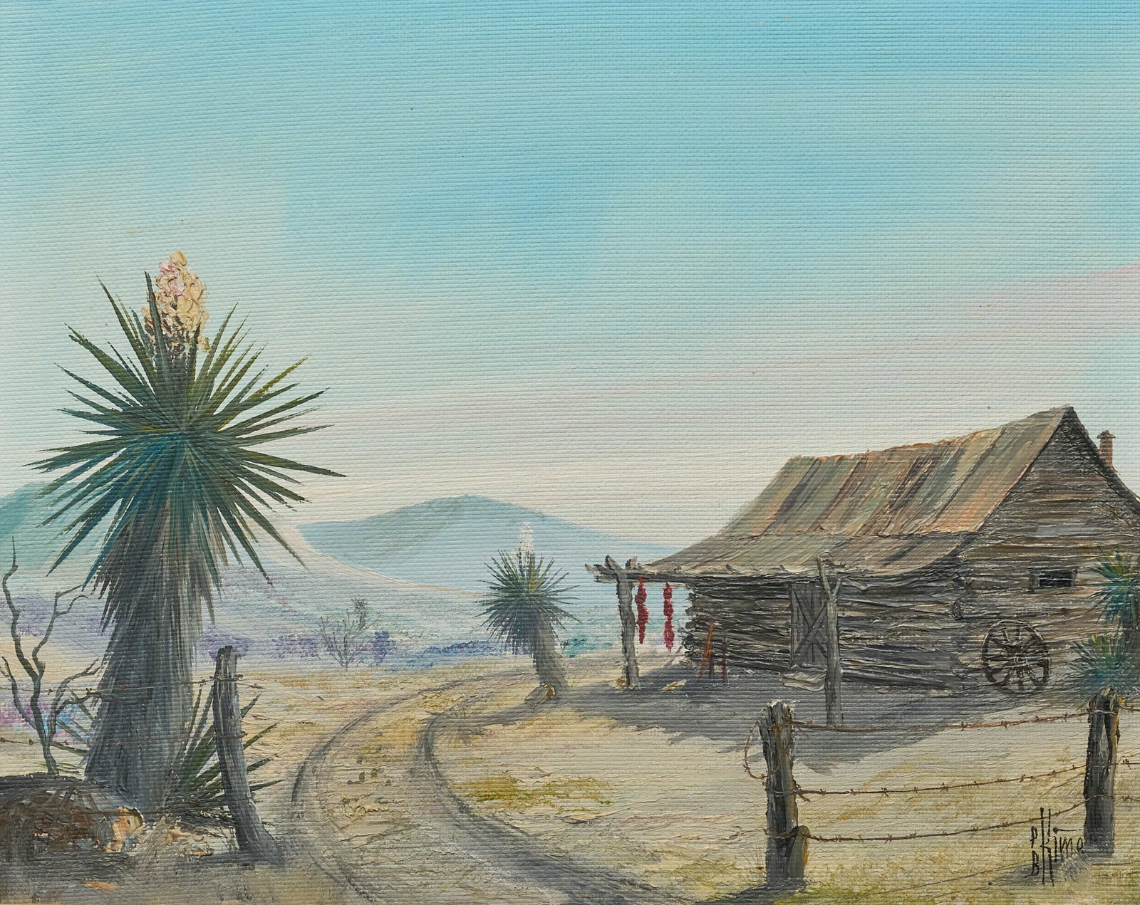 P. B. Kime, Ranch House and Yucca: Paul Brickey "P. B." Kime (Texas, 1934-2023), farm house with yucca, oil on masonite, signed lower right sight: 16 x 20 in., frame: 24.5 x 28.5 in. Provenance: Property from