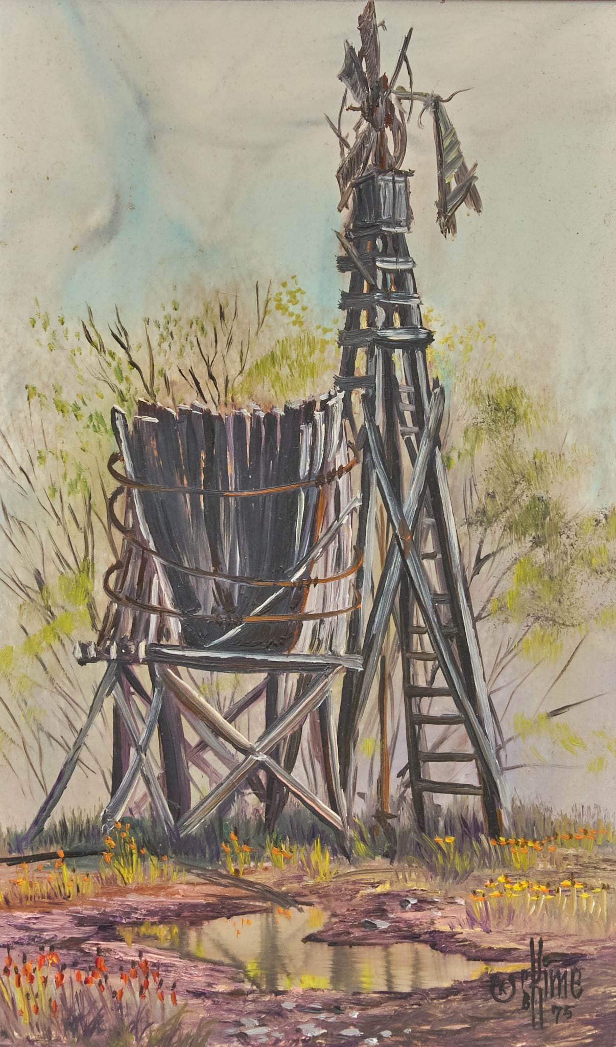 P. B. Kime, "Old Mill": Paul Brickey "P. B." Kime (Texas, 1934-2023), "Old Mill", oil on masonite, signed and dated lower right, 1975, artist's inscription on the stretcher bar reads