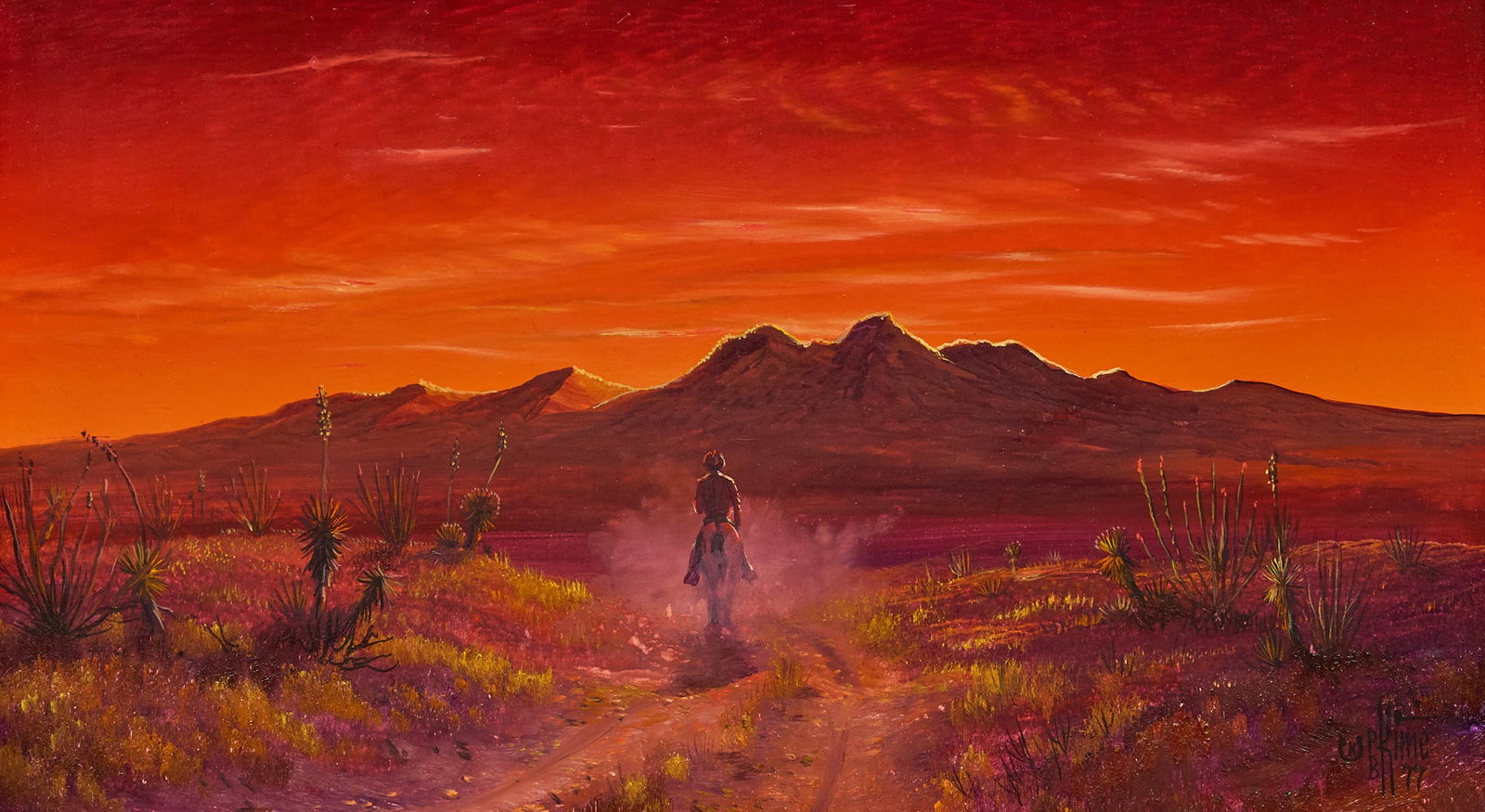 P. B. Kime, Cowboy in Sunset: Paul Brickey "P. B." Kime (Texas, 1934-2023), cowboy riding into the sunset, oil on canvas, signed and dated lower right, 1977 sight: 9 x 16 in., frame: 14 x 21 in.
