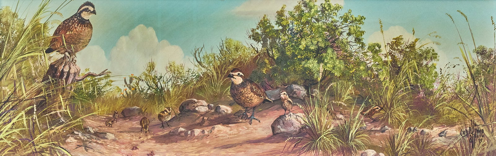 P. B. Kime, "Bob and His Family": Paul Brickey "P. B." Kime (Texas, 1934-2023), "Bob and His Family", oil on canvas, signed and dated lower right, 1975 sight: 8 x 24 in., frame: 14.5 x 30.5 in.