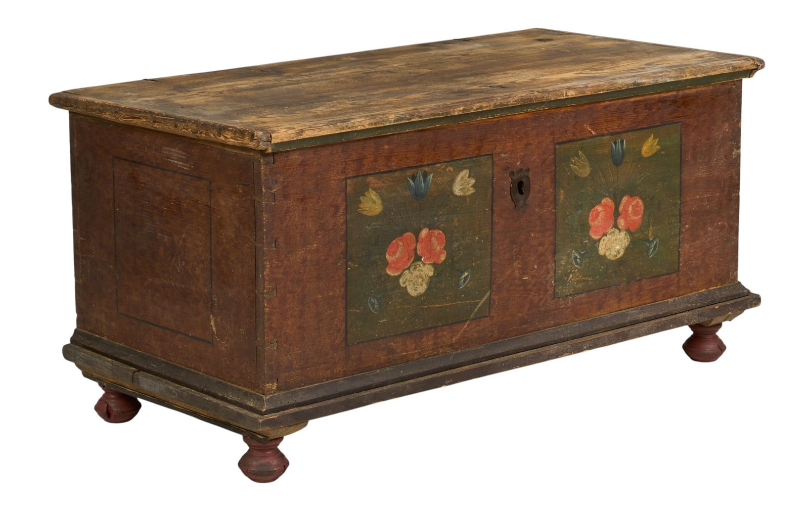 Painted Wedding Chest: Rustic wooden painted wedding chest decorated with hand-painted floral motifs, supported on turned feet height 24.5 in. x width 48 in. x depth 24.5 in. 