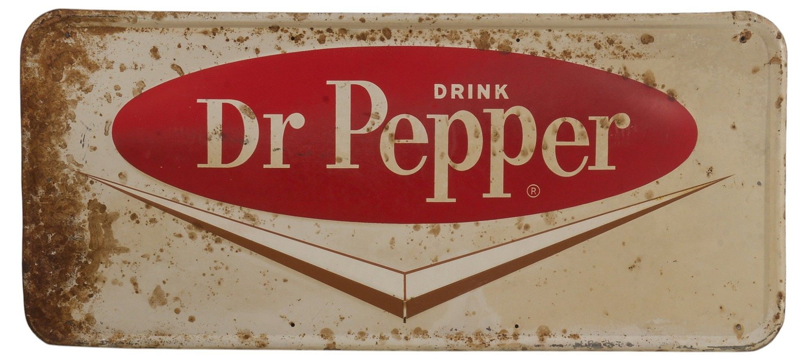 Dr. Pepper Chevron Tin Sign: Single-sided rolled edge tin advertising sign for Dr. Pepper height 17.75 in. x width 43 in. 