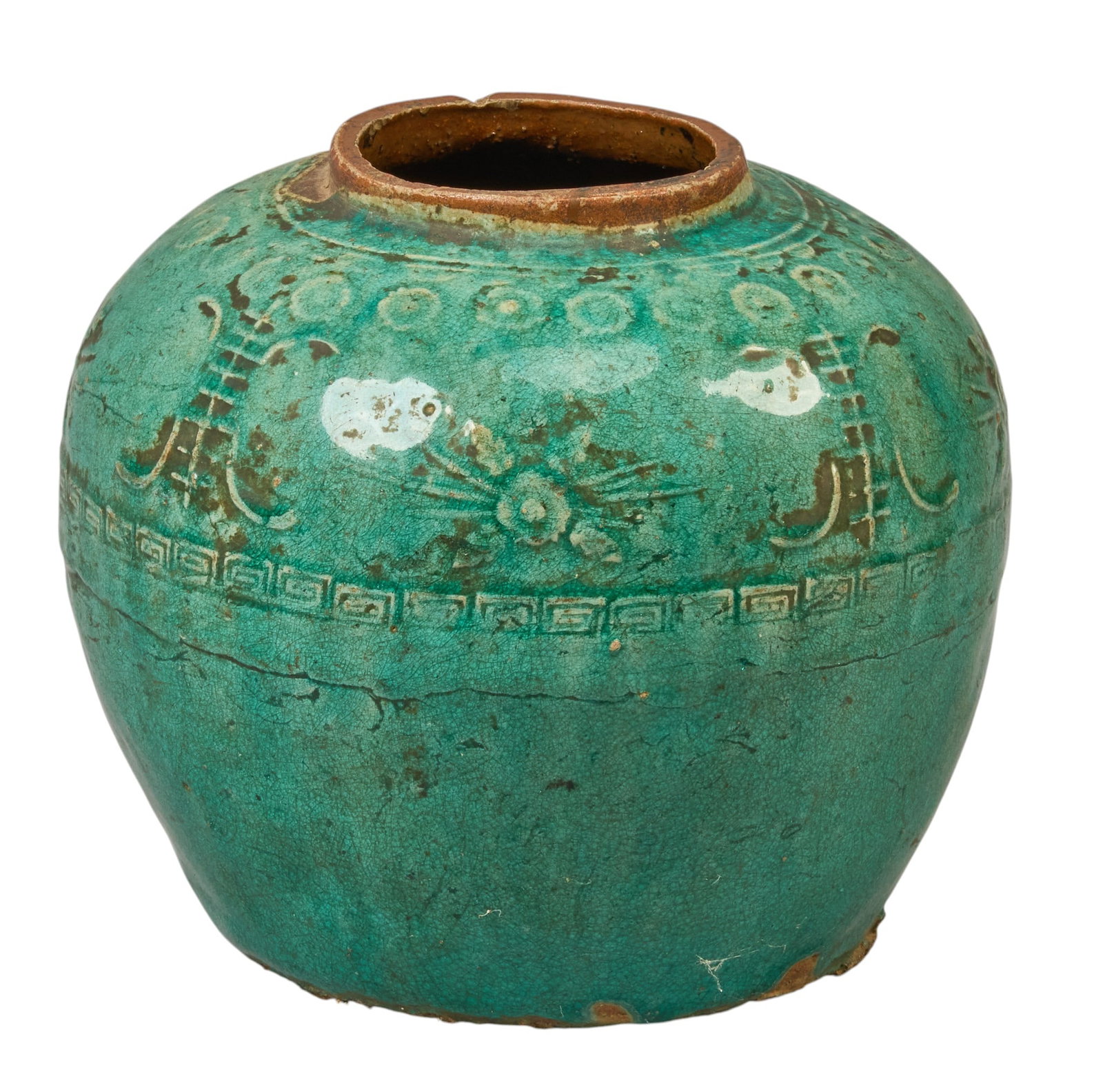 Glazed Turquoise Terracotta Oil Jar: Glazed turquoise terracotta oil jar, with geometric motif design height 8 in. x width 8 in. x depth 8 in. Provenance: Property from a home in San Antonio, Texas 