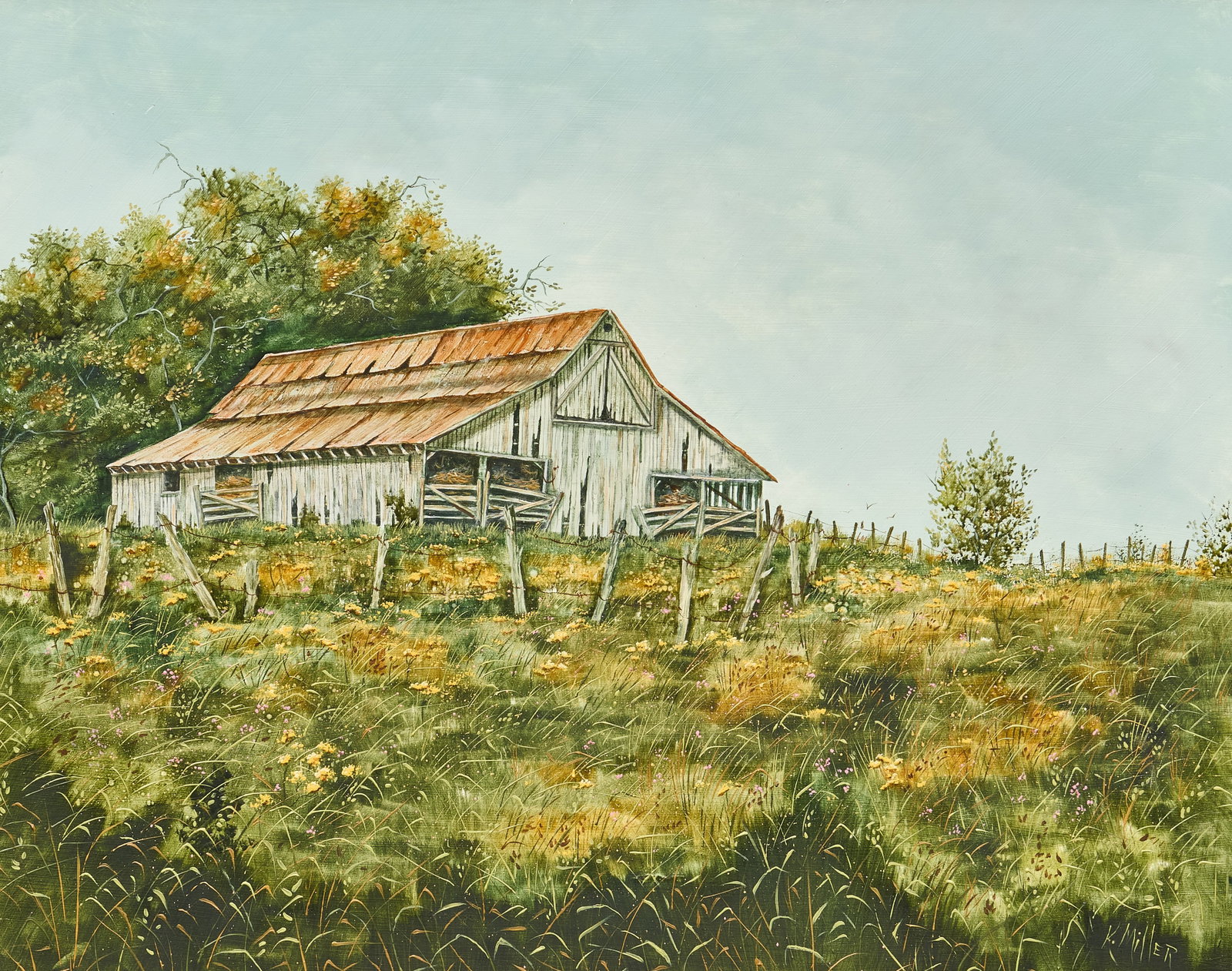 Kathy Miller, "Country Springtime": Kathy Miller (Amer., b. 20th C.), "Country Springtime", oil on panel, signed lower right sight: 16 x 20 in., frame: 24 x 28 in. Provenance: Property deaccessioned from a major corporate