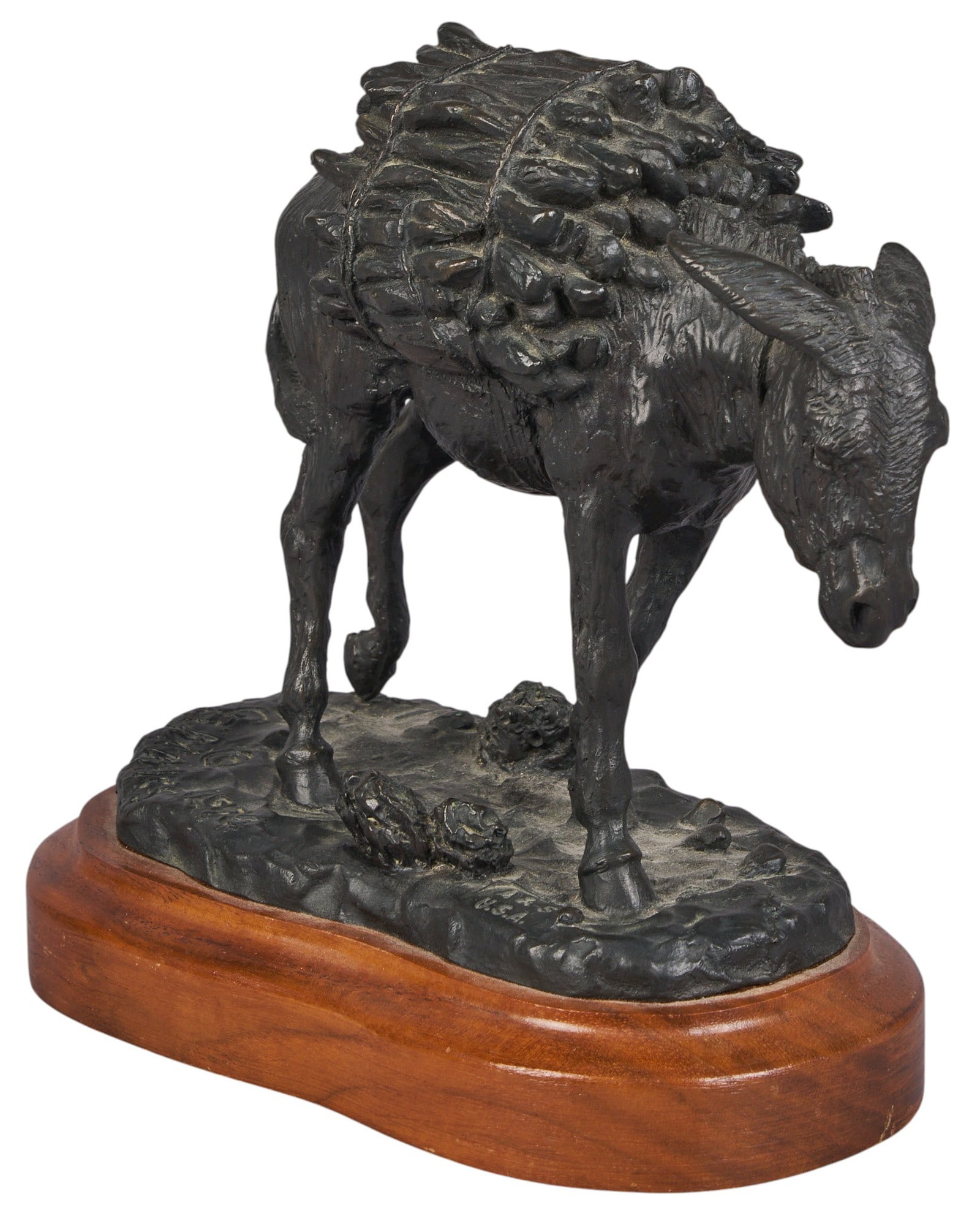 George Marks, Pack Mule: George B. Marks (Amer., 1923-1983), pack mule carrying firewood, artist-cast bronze sculpture on wooden base, with incised signature, edition number 26/40 and date, 1970 height 6.5 in. x width