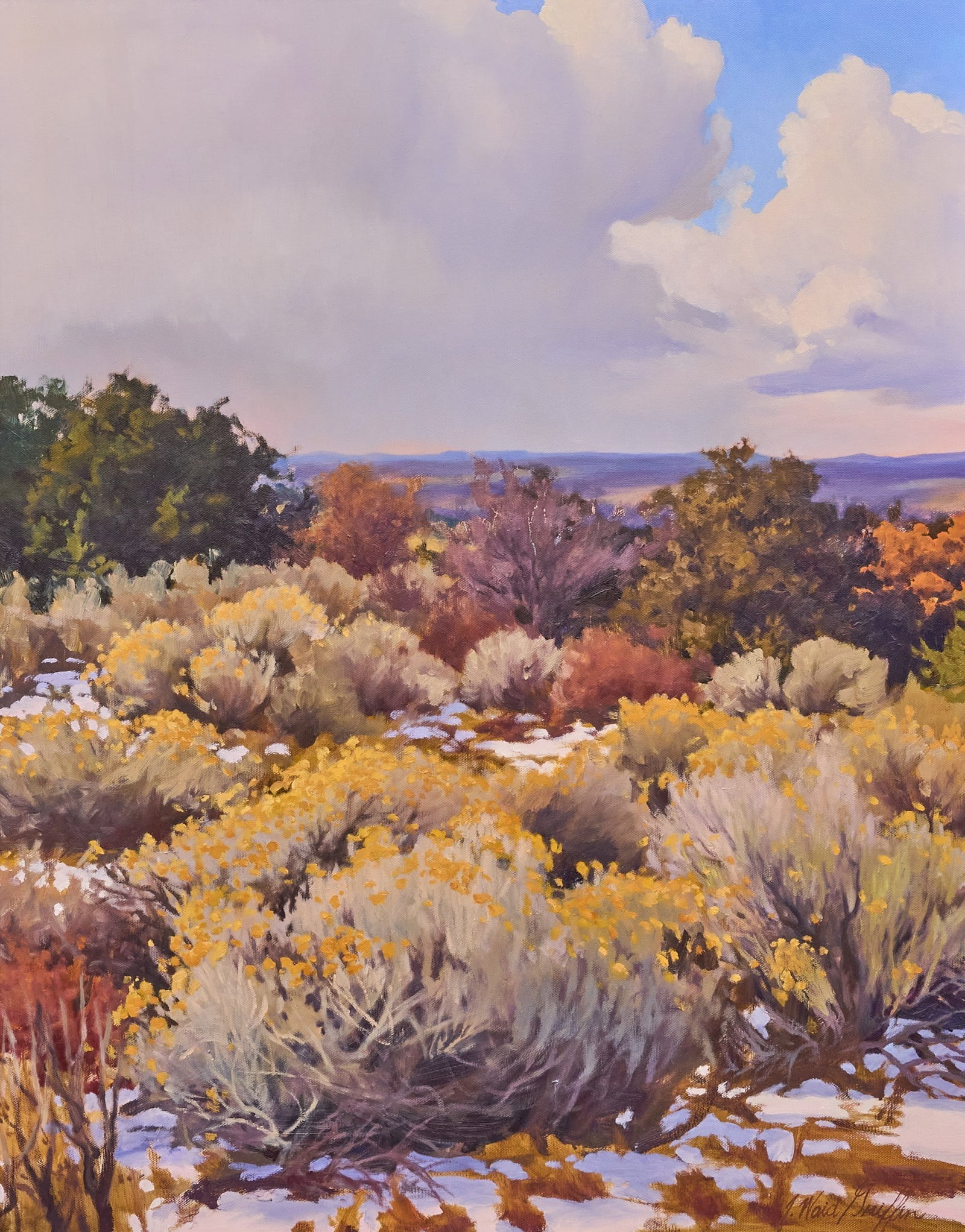 J. Waid Griffin, "Winter on the Foothills": J. Waid Griffin (Texas / New Mexico, b. 1952), "Winter on the Foothills", Southwest sagebrush landscape, oil on canvas, signed lower right, comes with attached lighting fixture sight: