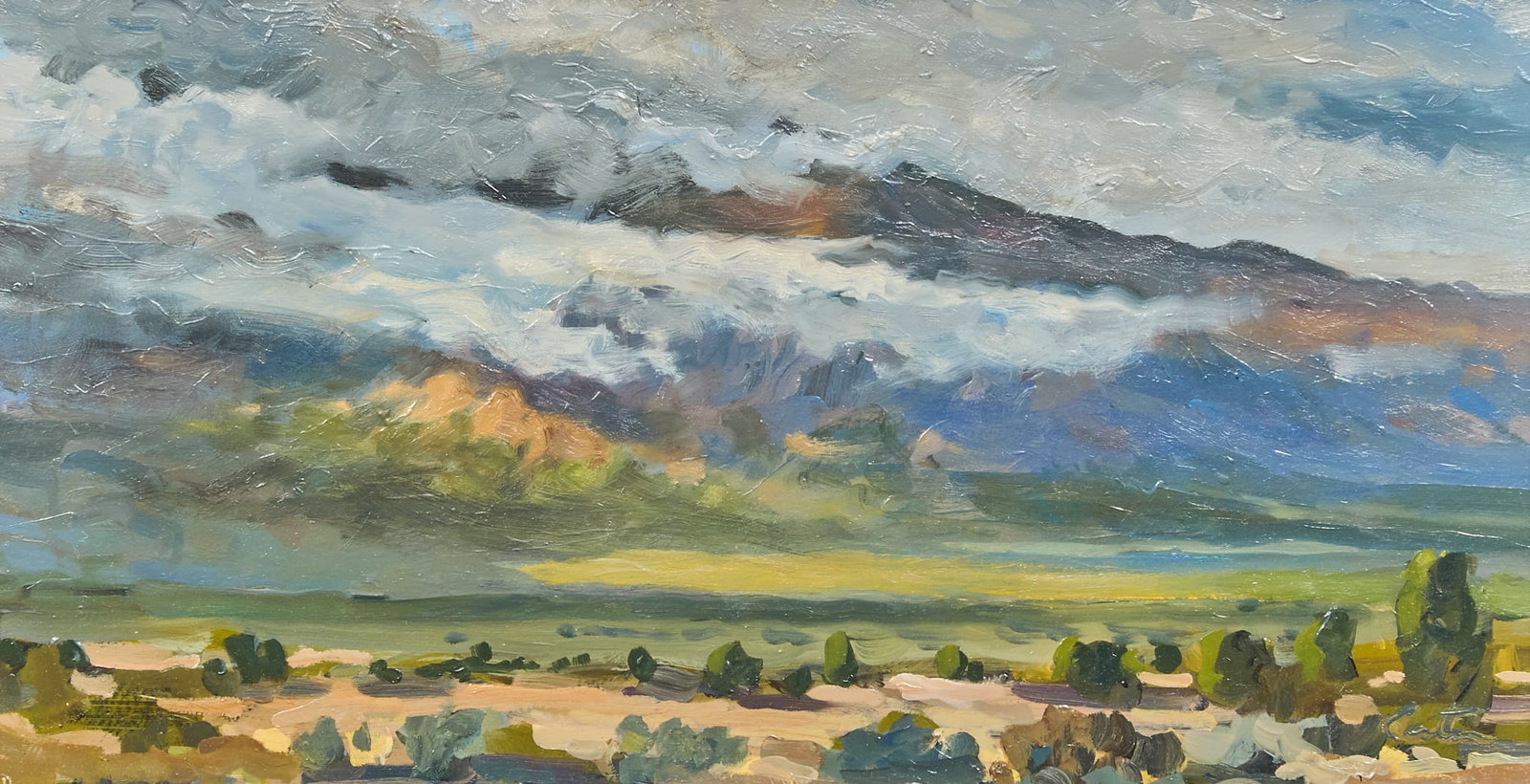 David Caton, "Chisos Big Bend": David Caton (Texas / Arizona, b. 1955), "Chisos Big Bend", landscape study, oil on panel, signed lower right, artist's inscription on the verso with signature, title,