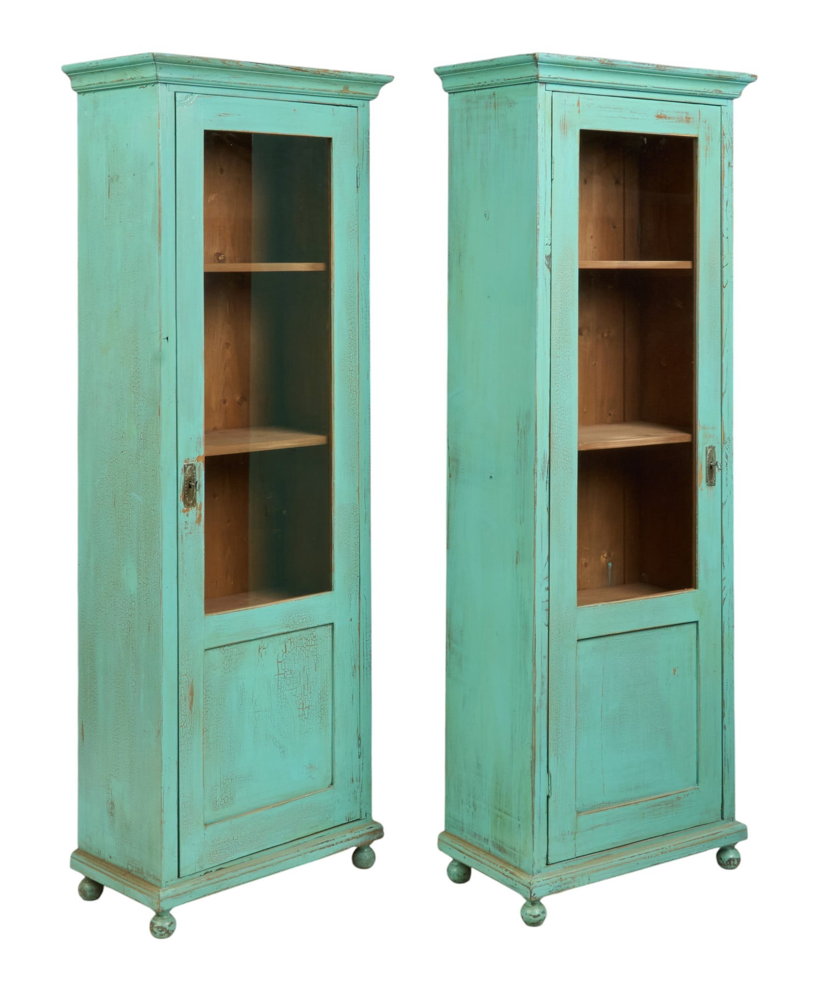 Pair of Farmhouse Display Cabinets: Pair of farmhouse display cabinet with glass front cabinet door, and interior shelving, and distressed turquoise painted finish height 78.5 in. x width 28 in. x depth 15.5 in. each