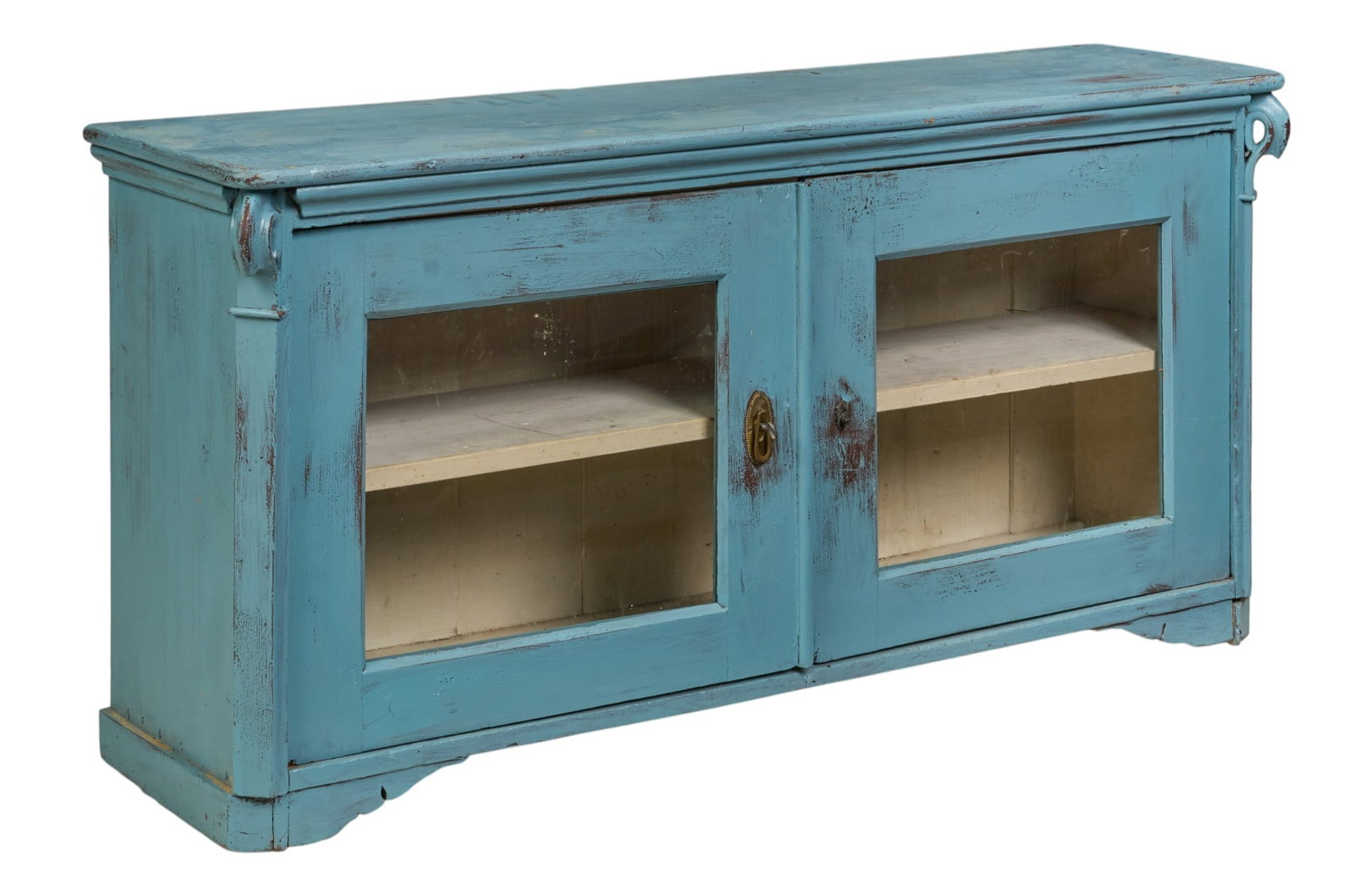 Farmhouse Server: Farmhouse server with pair of glass-front doors, and interior shelves, decorated with distressed blue paint finish height 30.5 in. x width 62 in. x depth 16.5 in.
