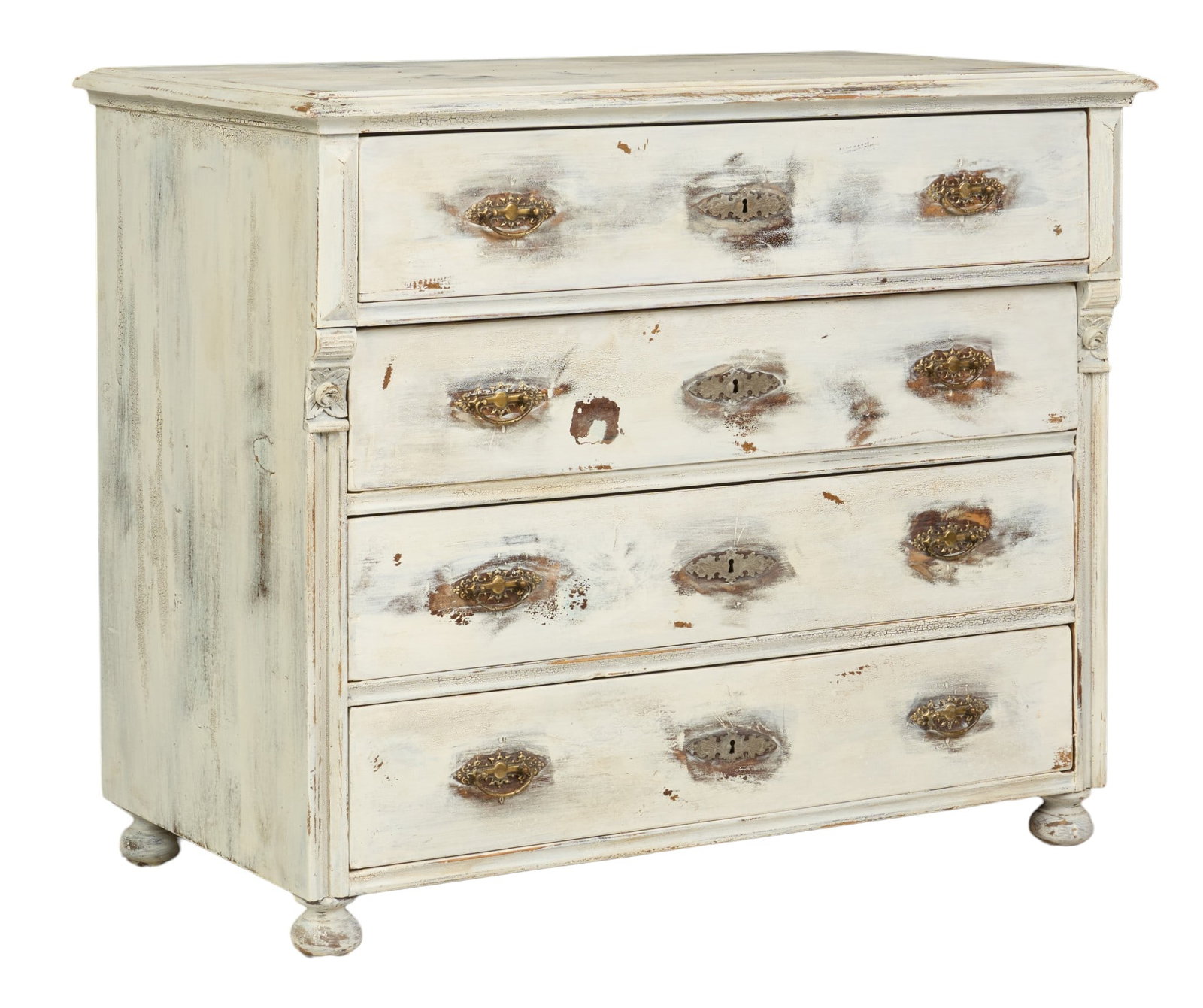 Farmhouse Dresser: Rustic farmhouse dresser with four drawers with decorative brass pulls, decorated with distressed white-wash finish, supported on bun feet height 38.5 in. x width 45.5 in. x depth 25