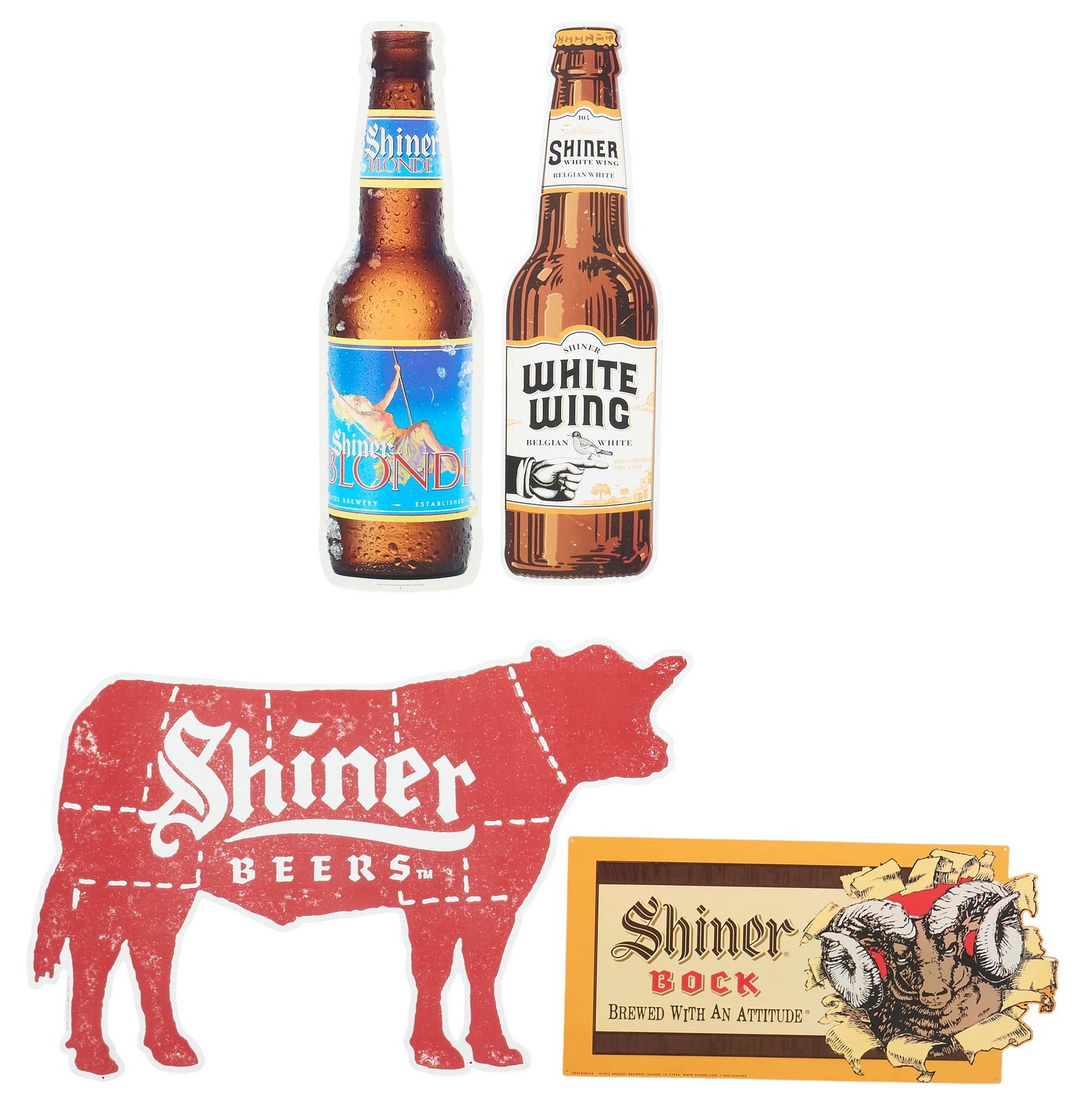 (4) Shiner Beer Advertising Tin Signs: Collection of four Shiner Beer tin signs, with one Shiner Bock ram head sign, one Shiner Beers bull sign, and two Shiner beer bottle signs height 24 in. x width 35 in. / largest 