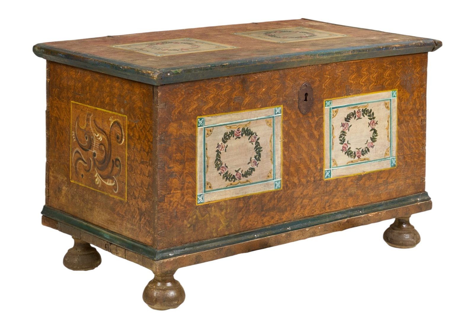 Painted Wedding Chest: Painted wedding chest with hinged lid, and iron hardware, supported on bun feet height 37 in. x width 44 in. x depth 26 in. 