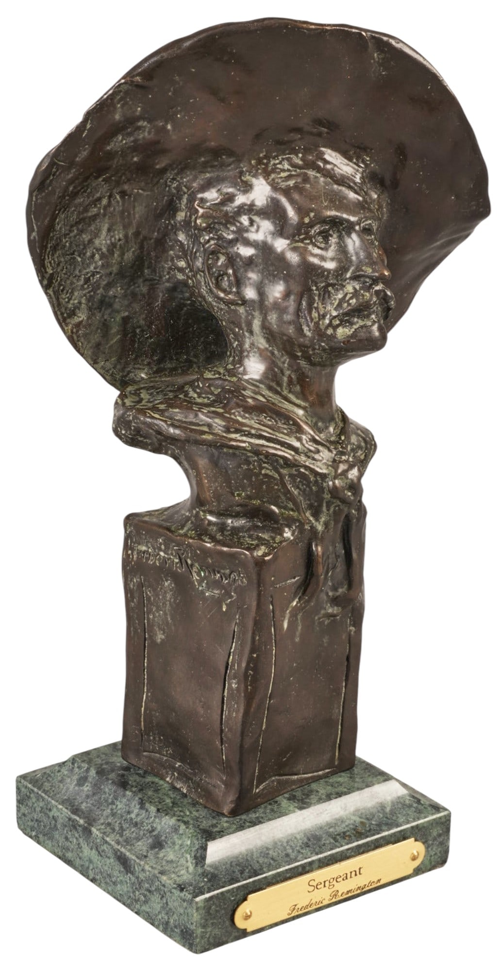 After Frederic Remington, "The Sergeant": After Frederic Remington (Amer., 1861-1909), "The Sergeant", bronze recast sculpture on stone base height 11 in. x width 6 in. x depth 5 in. (including base) Provenance: Property from