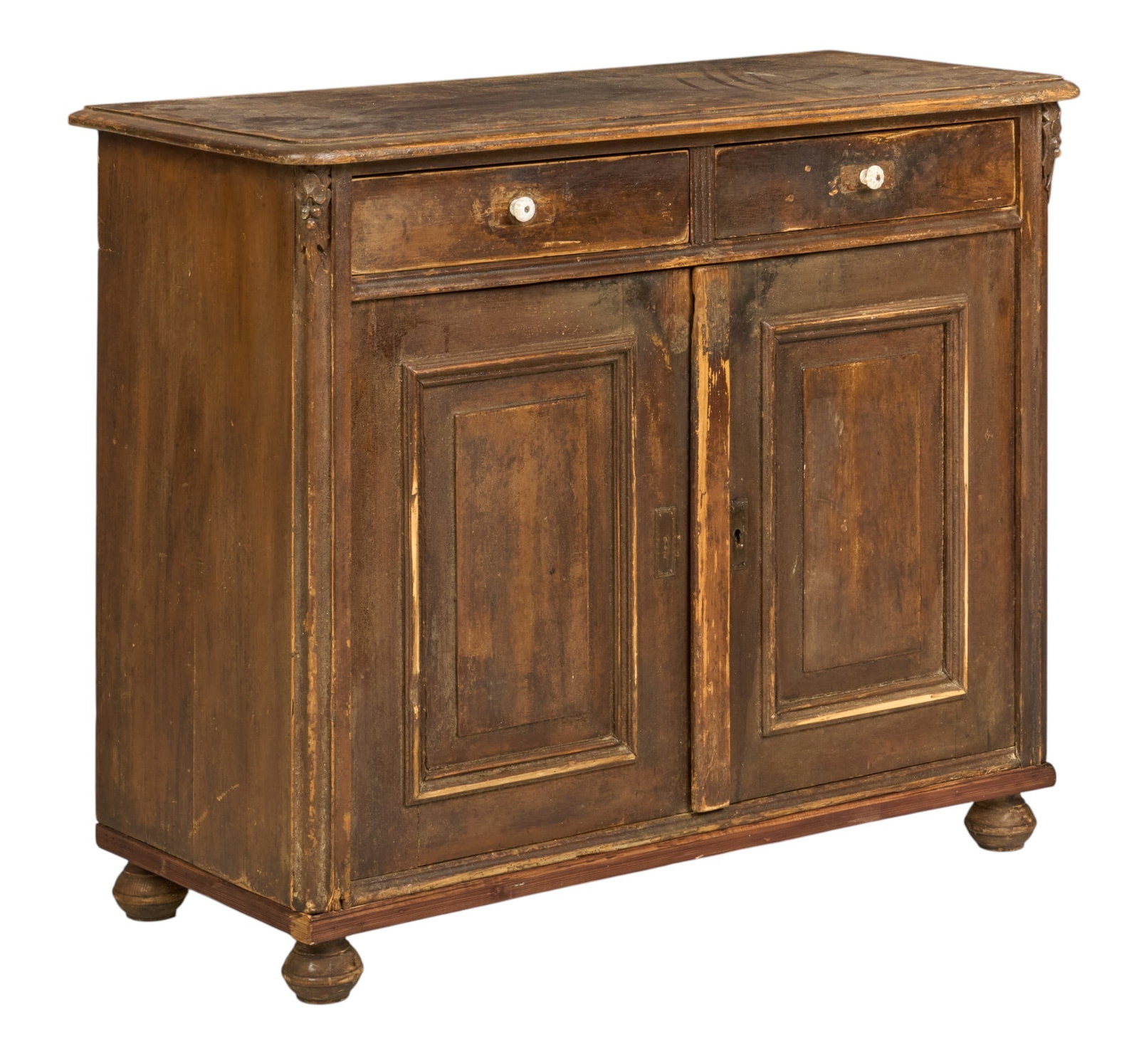 Farmhouse Server: Rustic farmhouse server with two drawers with enameled pulls, and lower cabinet, supported on turned bun feet height 35 in. x width 42.5 in. x depth 19 in. 