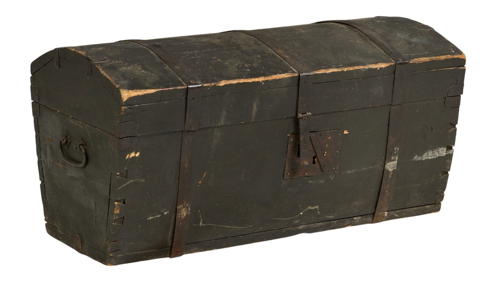 Painted Chest: Rustic wooden chest with iron mountings, and handles, and black paint finish height 18 in. x width 35 in. x depth 18.5 in. 