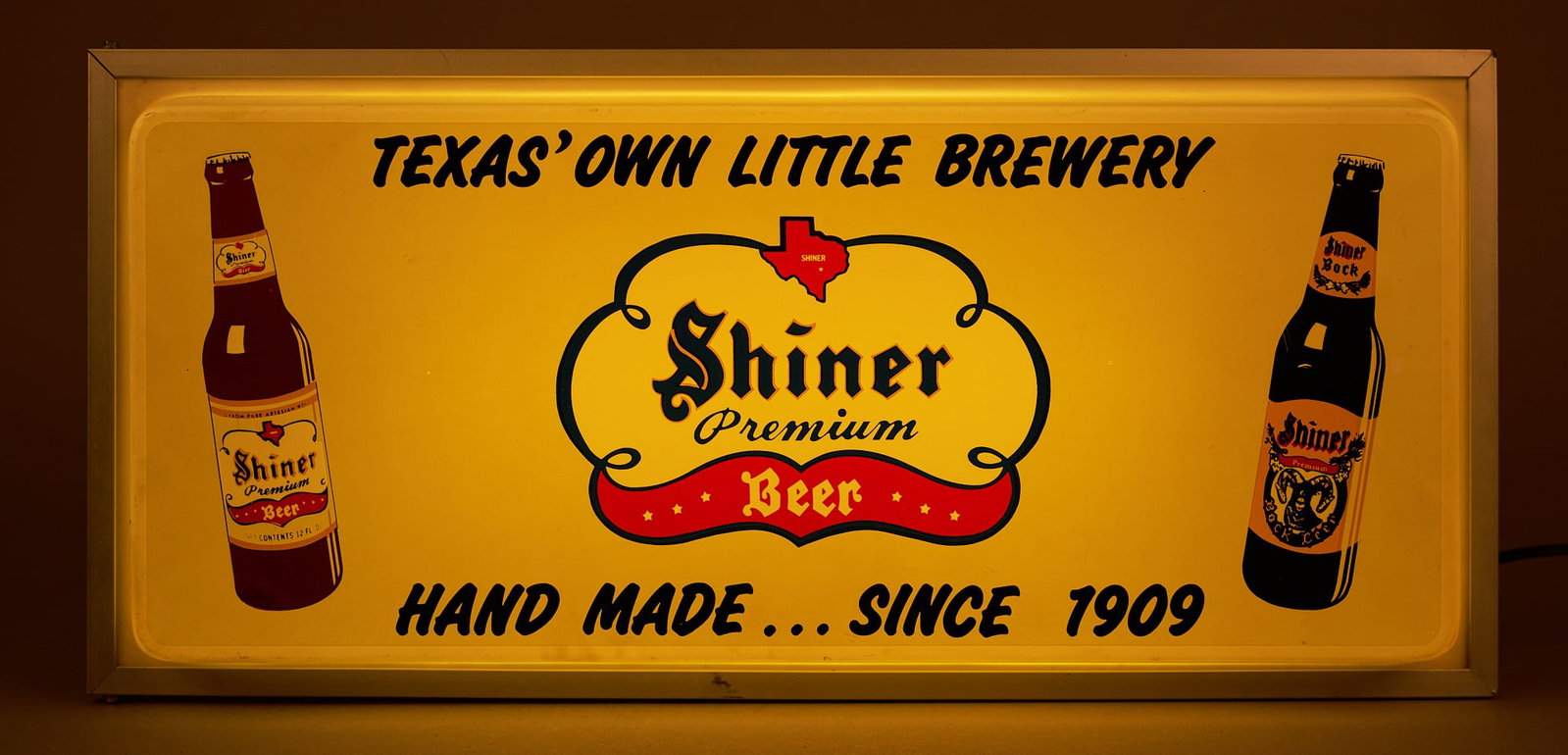 Shiner "Texas' Own Little Brewery" Lighted Sign: Shiner "Texas' Own Little Brewery" lighted sign, in working condition height 5 in. x width 24 in. x depth 11 in. Provenance: Property from a home in San Antonio, Texas