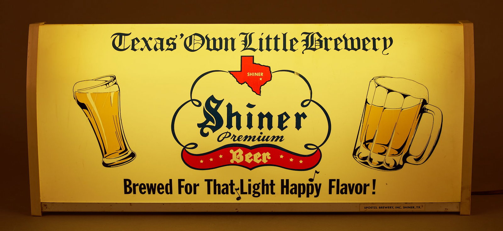 Shiner "Texas' Own Little Brewery" Lighted Sign: Spoetzl Brewery light-up sign featuring classic "Texas' Own Little Brewery" slogan and Shiner Premium Beer branding, in working condition, circa 1980s height 11 in. x width