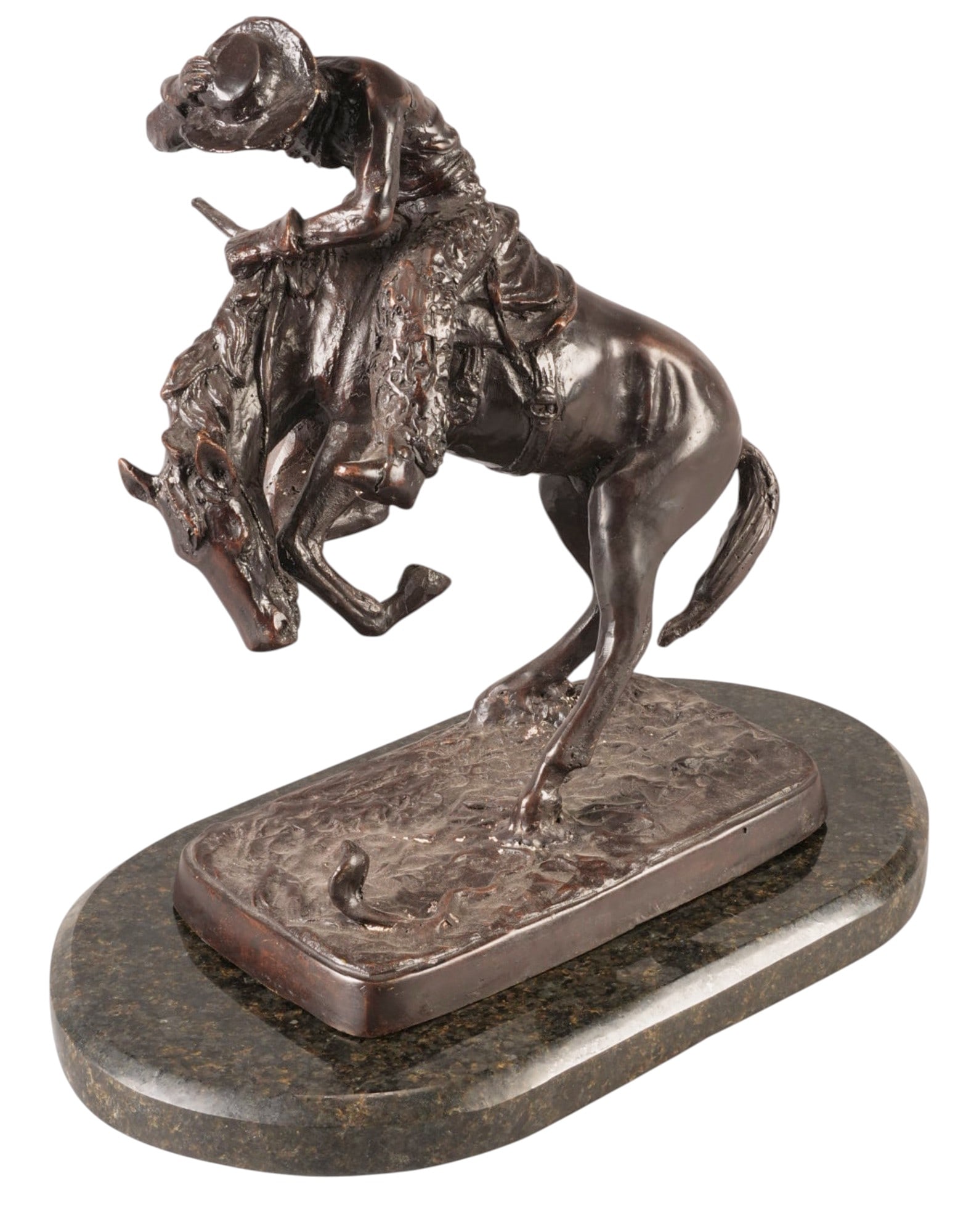 After Frederic Remington, "The Rattlesnake": After Frederic Remington (Amer., 1861-1909), "The Rattlesnake", bronze recast sculpture on granite base height 15 in. x width 15.5 in. x depth 9.5 in. Provenance: Property from a