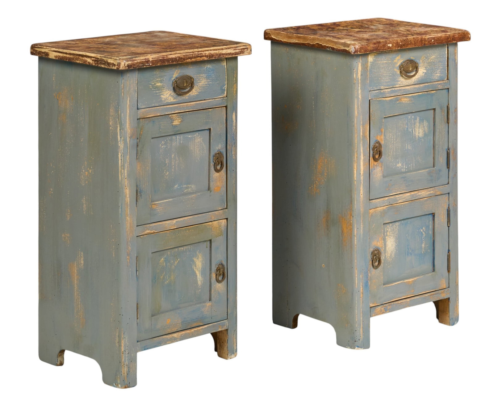 Pair of Farmhouse Nightstands: Pair of rustic farmhouse nightstands, each with single drawer and two small cabinets height 31 in. x width 17 in. x depth 14 in. / each