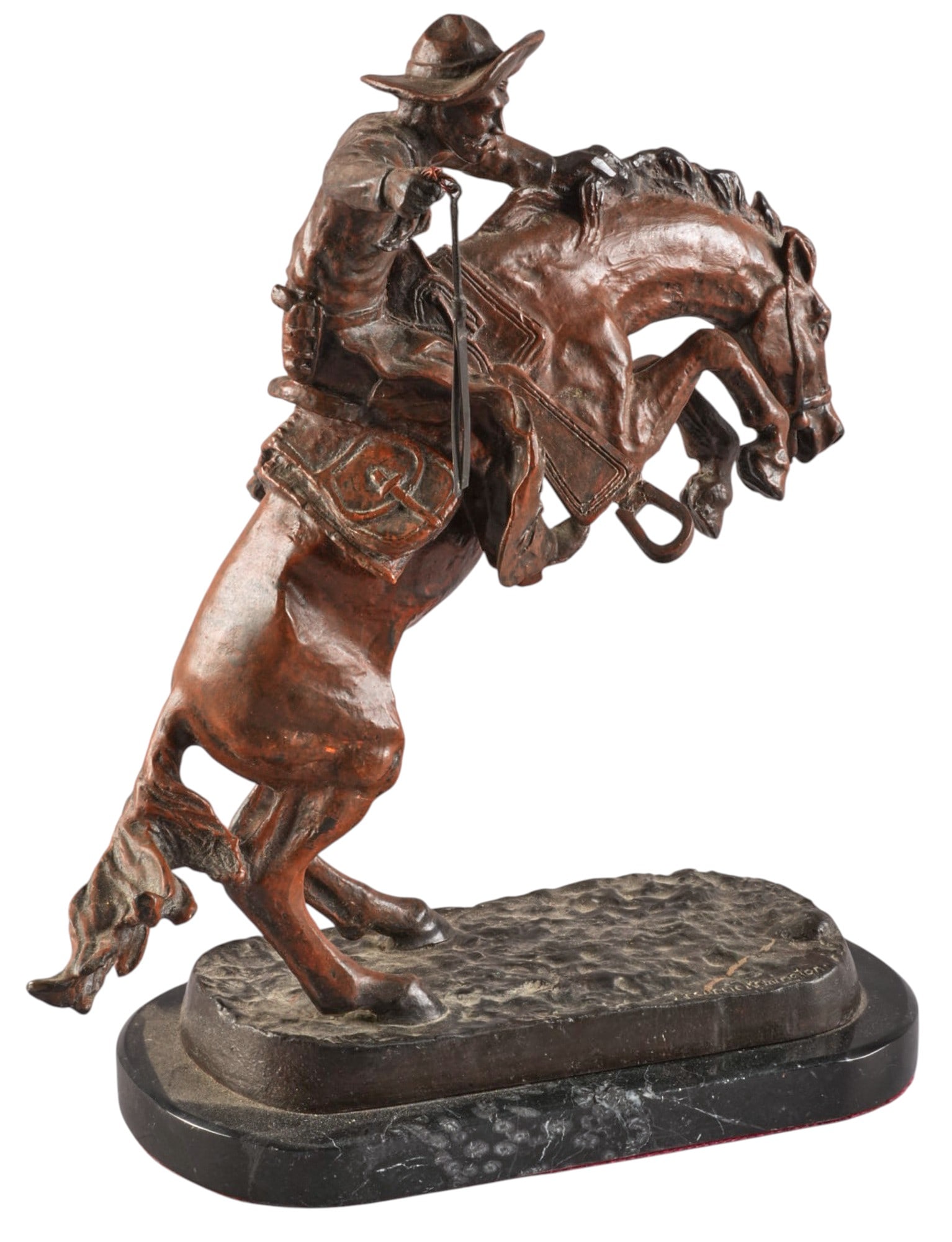 After Frederic Remington, "Bronco Buster": After Frederic Remington (Amer., 1861-1909), "Bronco Buster", bronze recast sculpture on stone base, with patinated finish height 13 in. x width 11 in. x depth 5.5 in. Provenance: